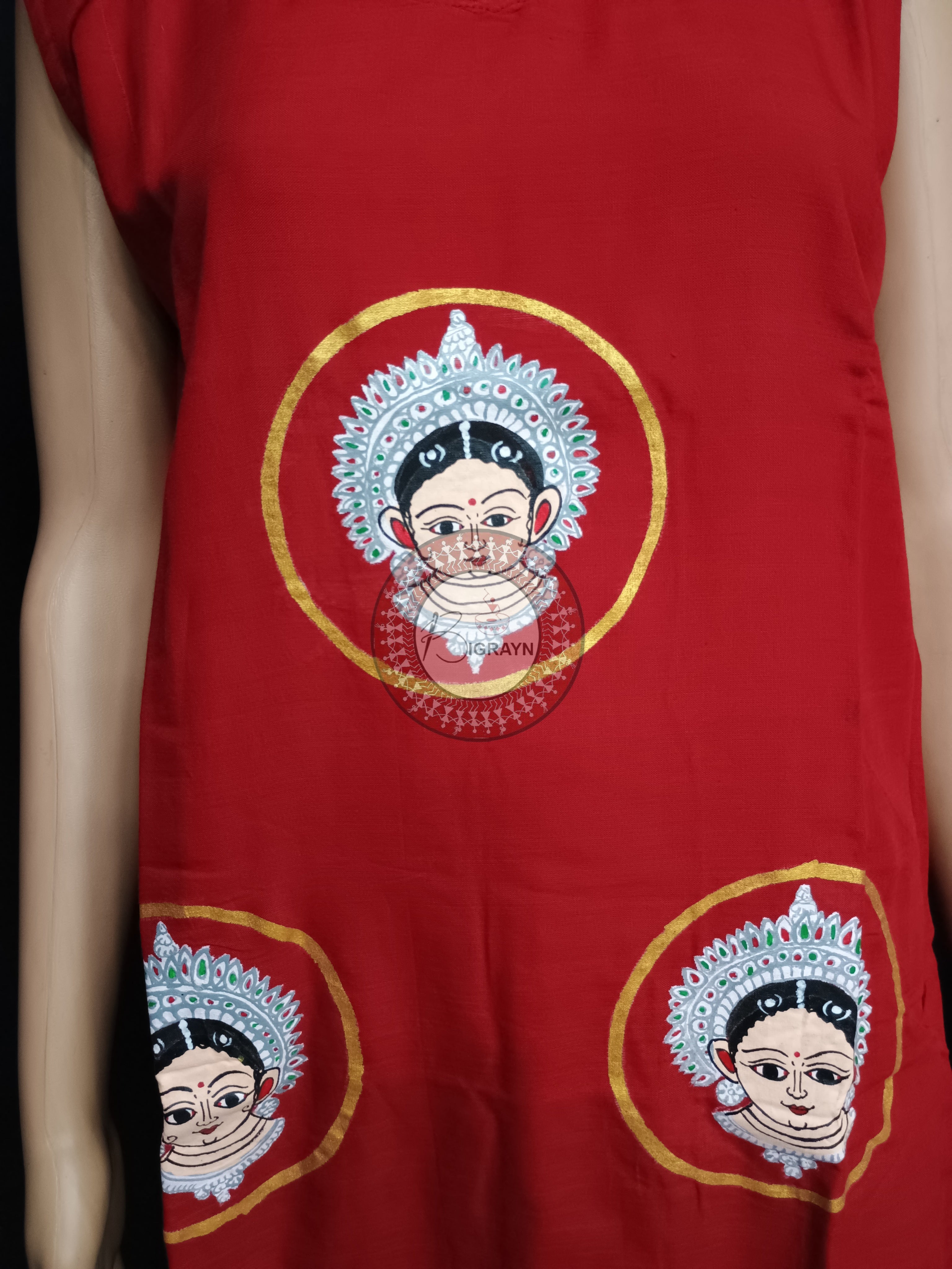 Maroon Odishi Mudra Face Theme Hand Painted Pattachitra Kurti