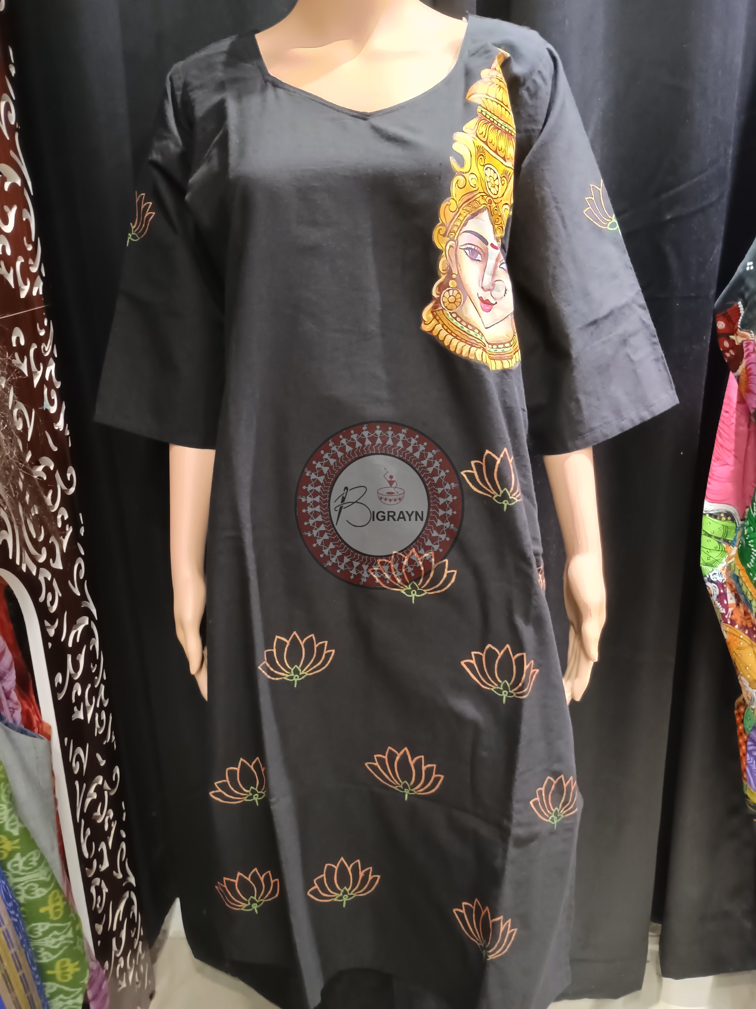 Black Durga Face Theme Hand Painted Pattachitra Kurti