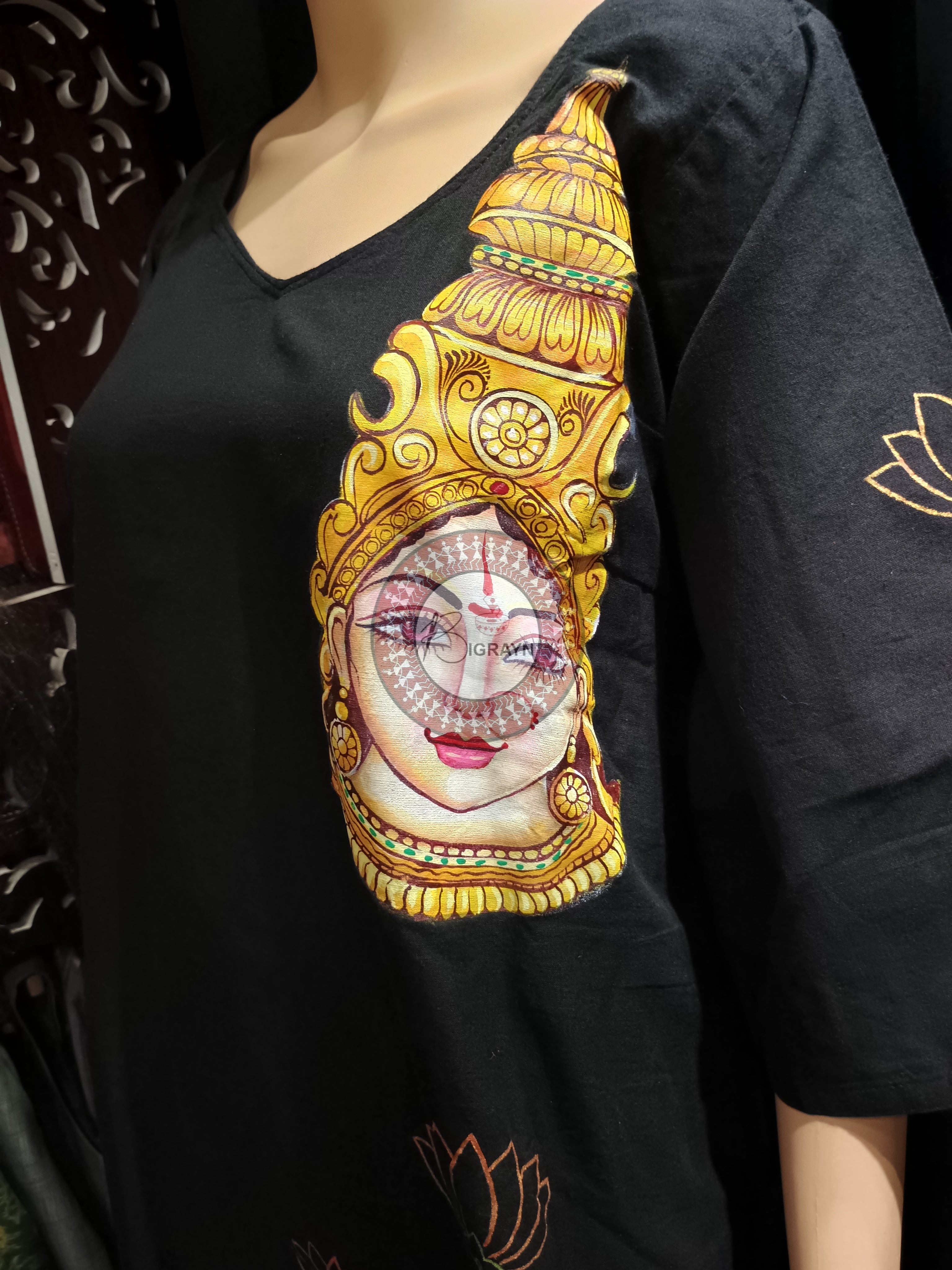 Black Durga Face Theme Hand Painted Pattachitra Kurti