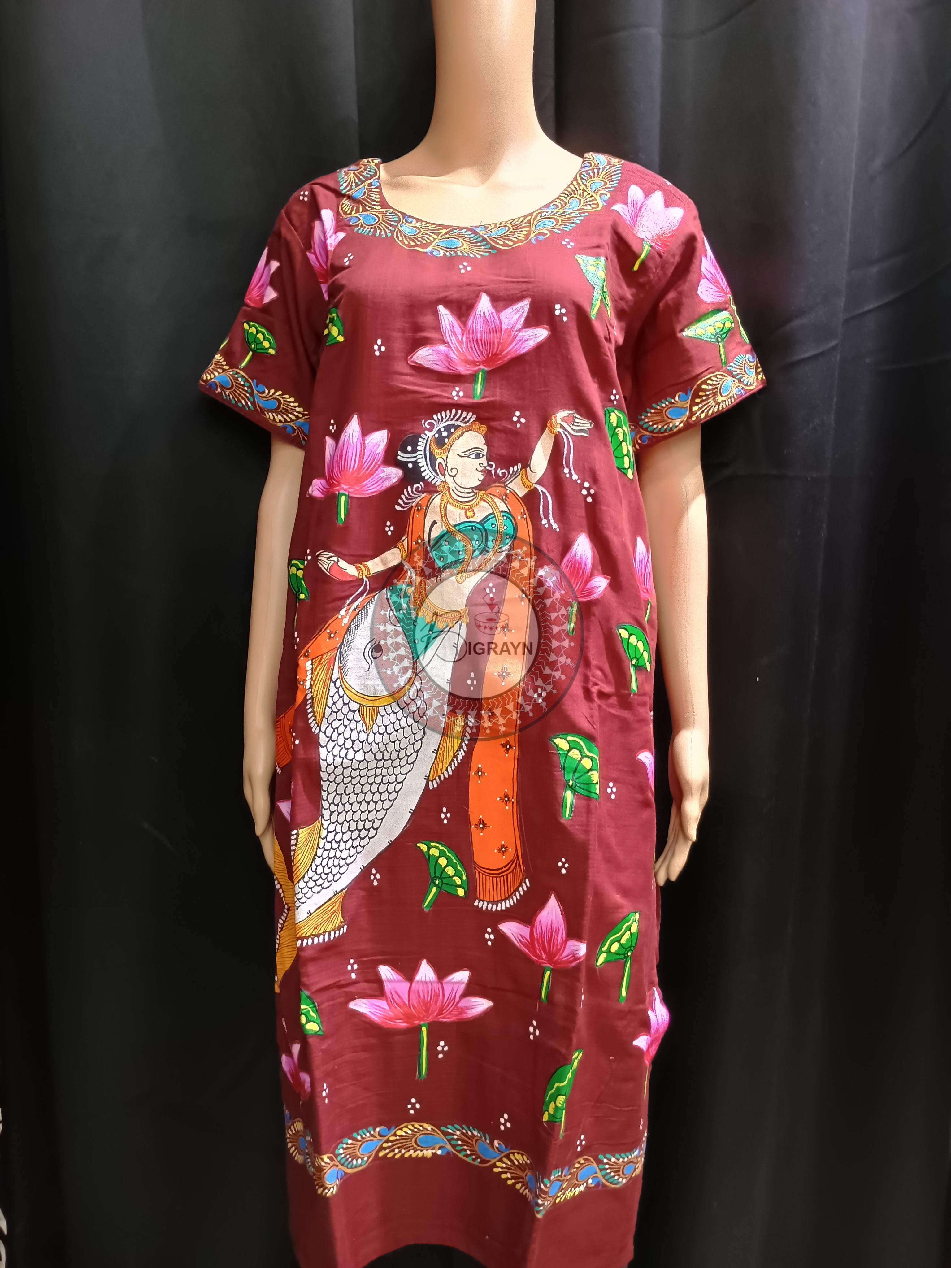 Maroon Mastya Kanya And LotusTheme Hand Painted Pattachitra Kurti