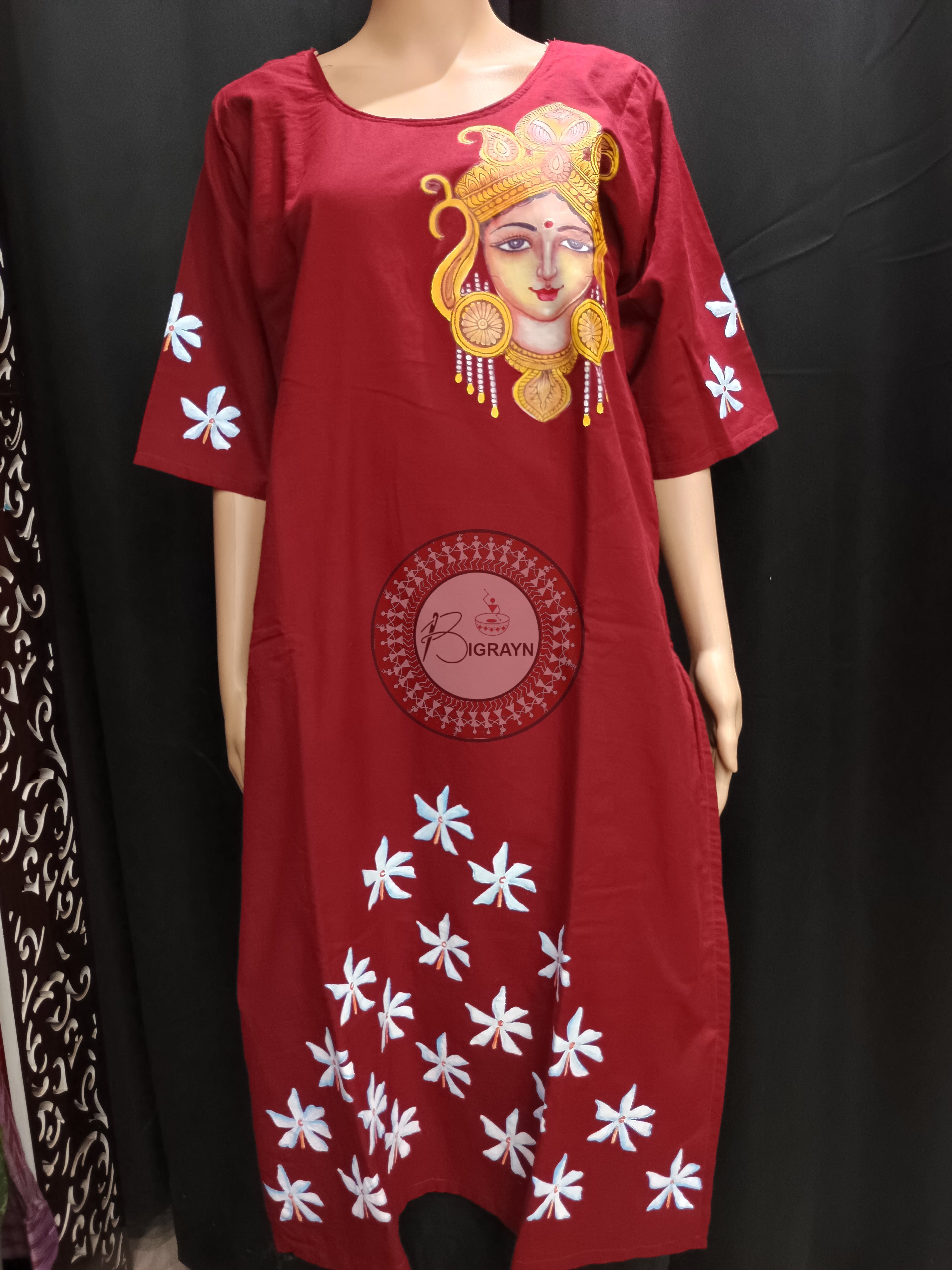 Maroon Durga Face Theme Hand Painted Pattachitra Kurti