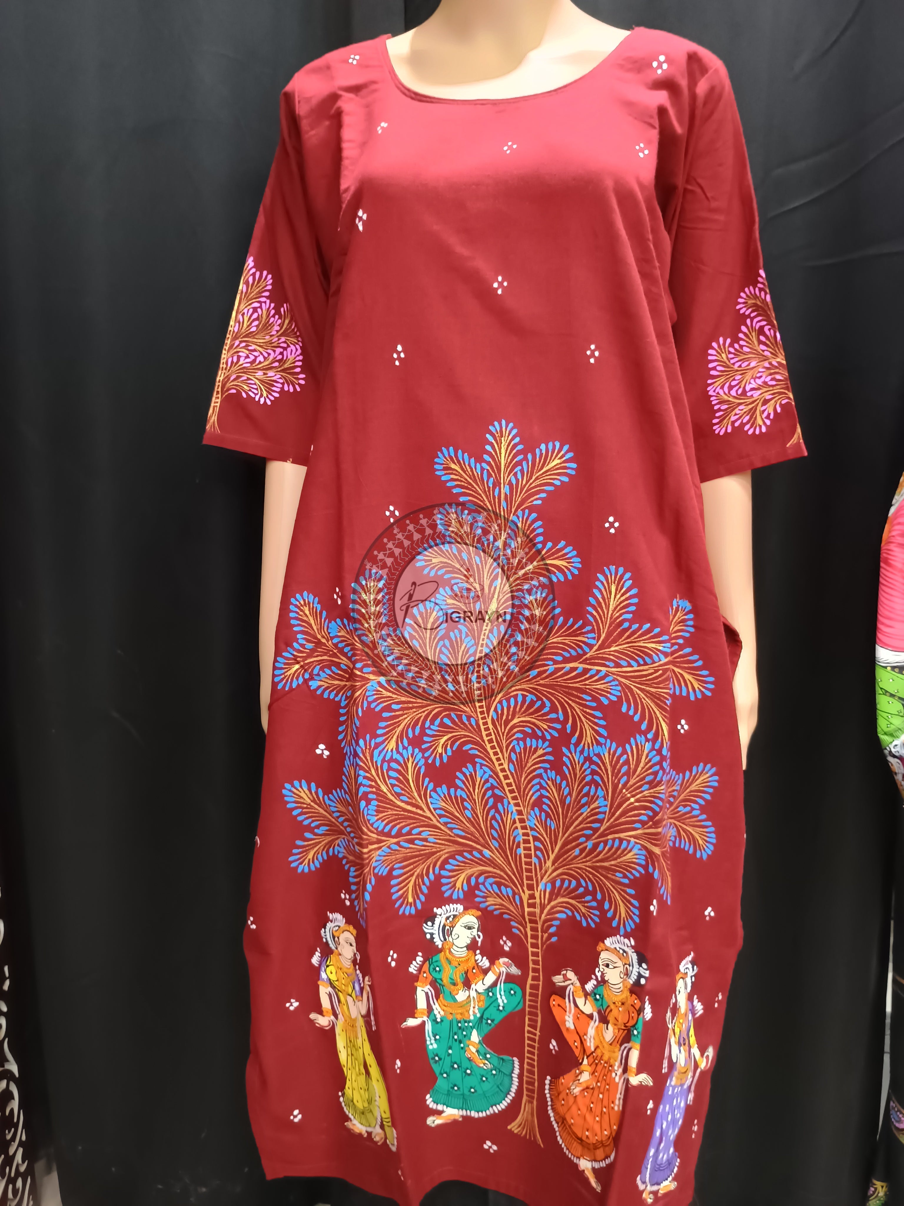 Maroon Dancer And Tree Theme Hand Painted Pattachitra Kurti