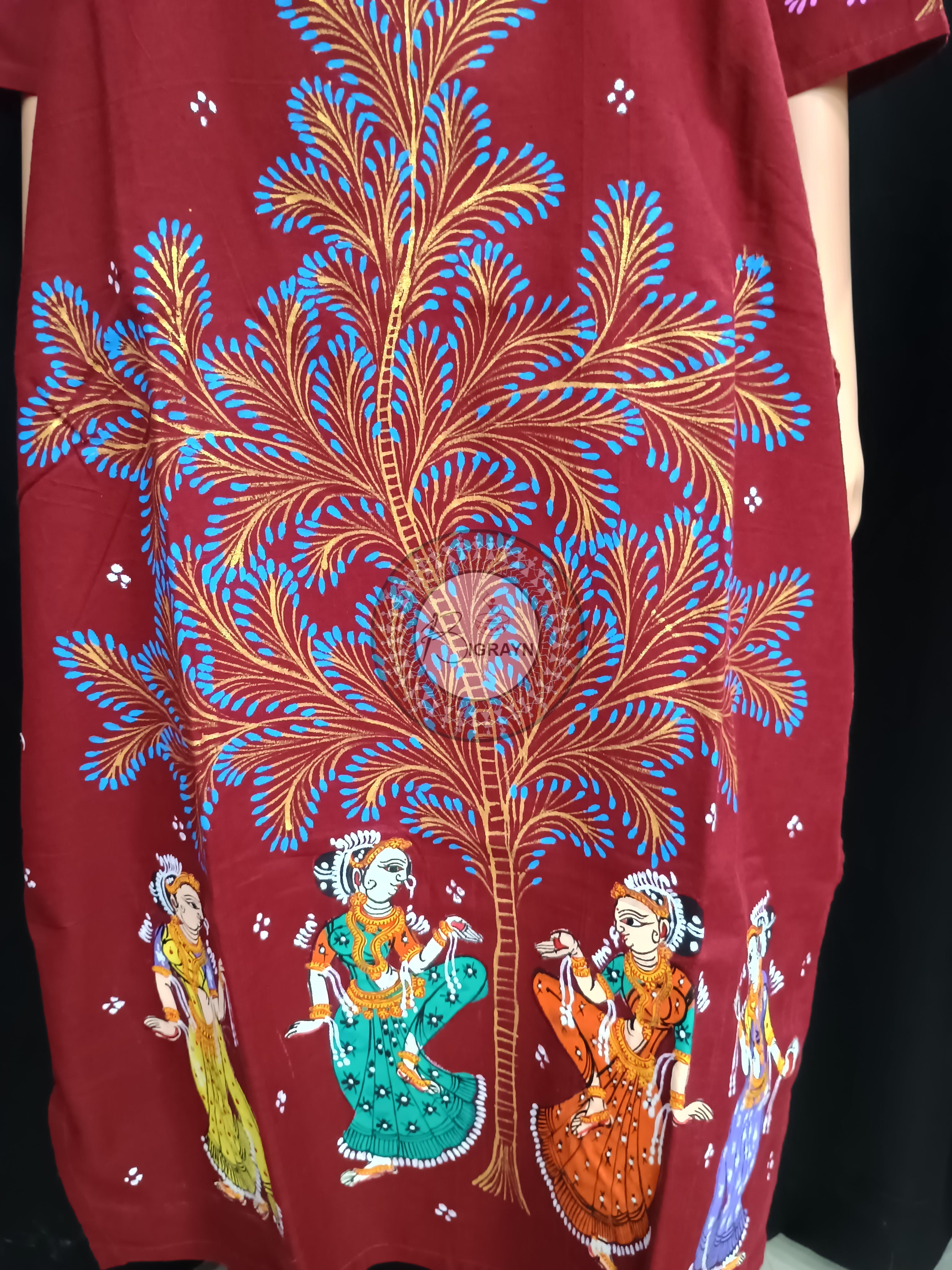 Maroon Dancer And Tree Theme Hand Painted Pattachitra Kurti