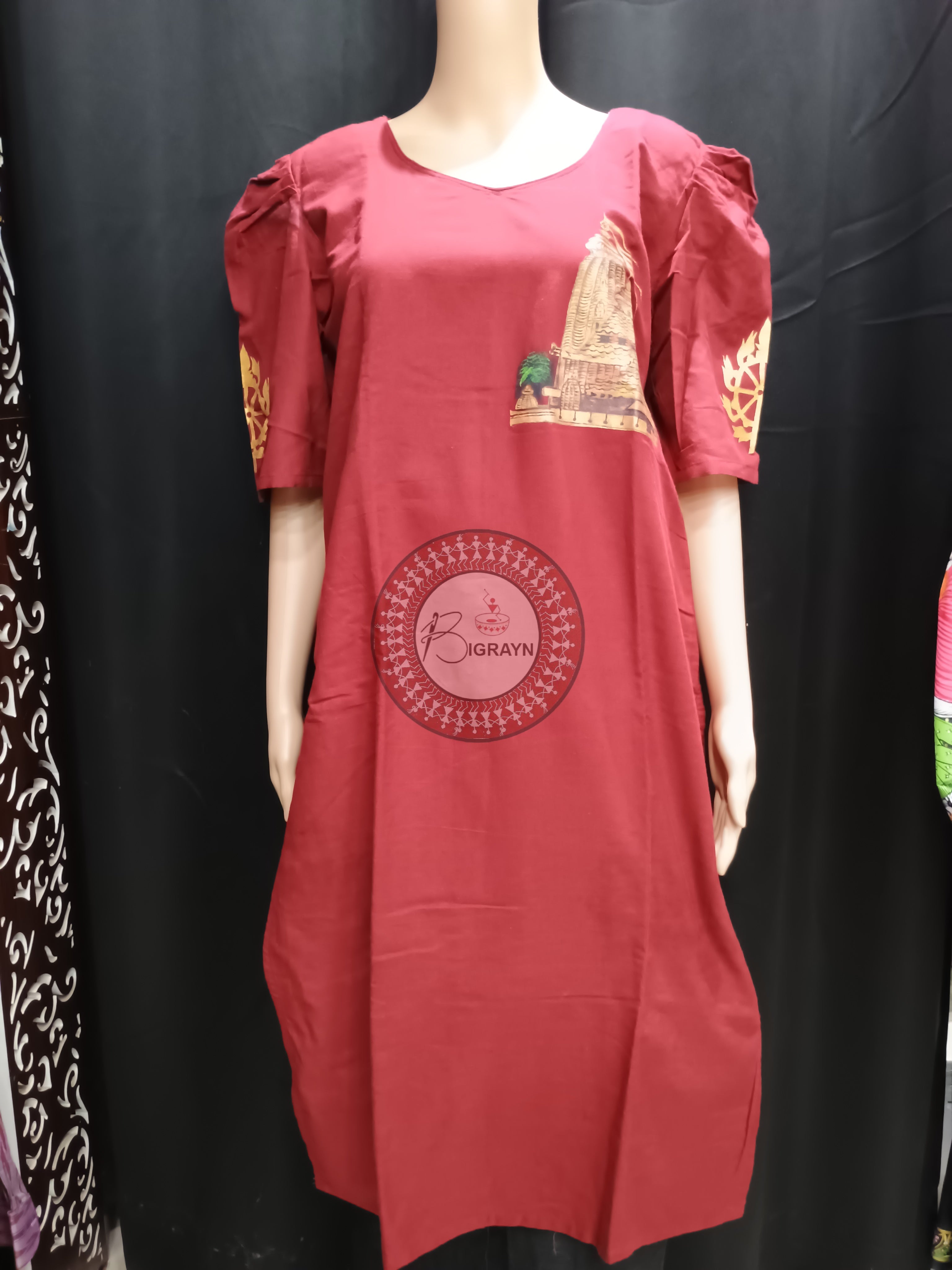 Maroon Sri Mandira Theme Hand Painted Pattachitra Kurti