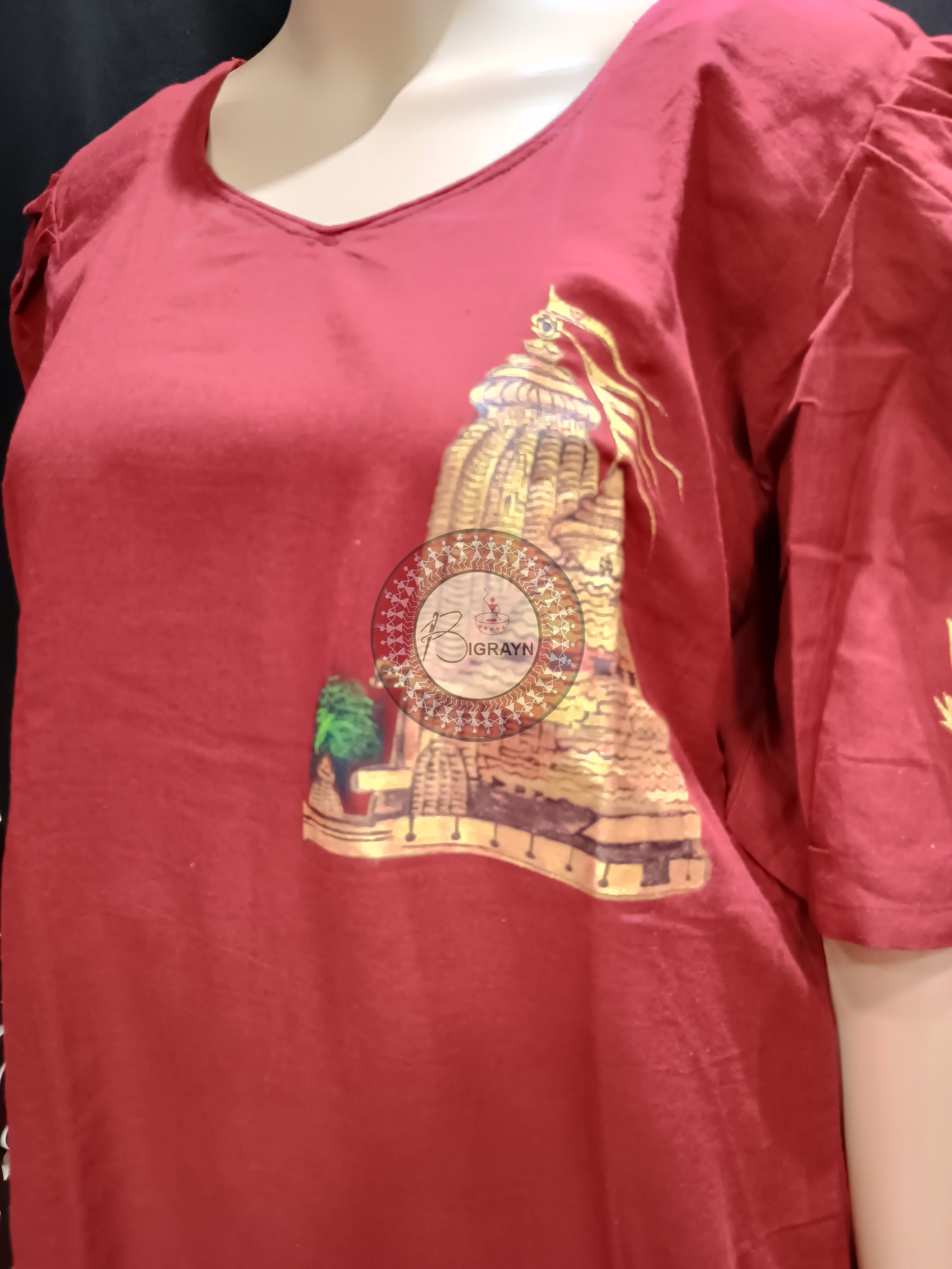Maroon Sri Mandira Theme Hand Painted Pattachitra Kurti
