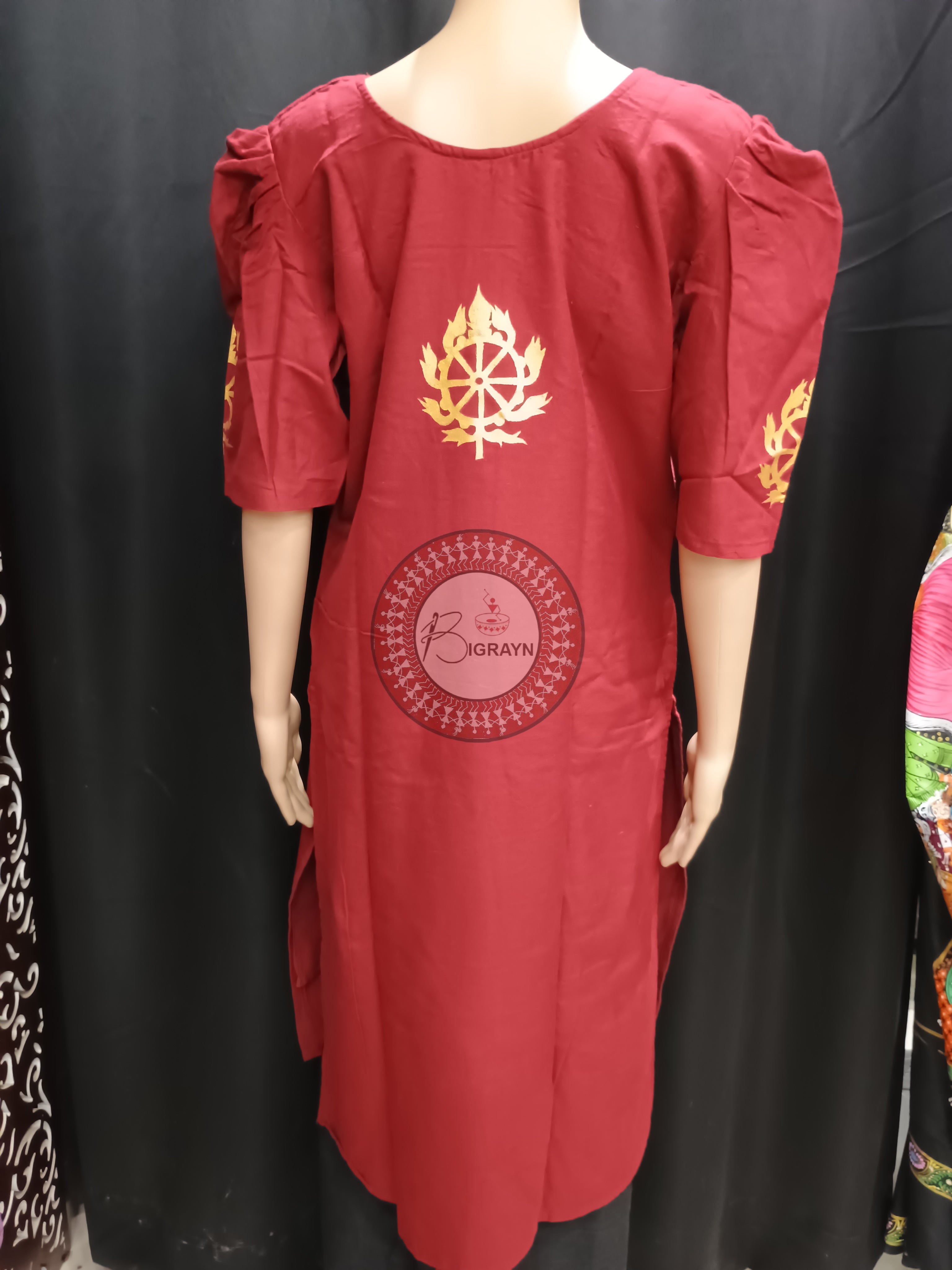 Maroon Sri Mandira Theme Hand Painted Pattachitra Kurti