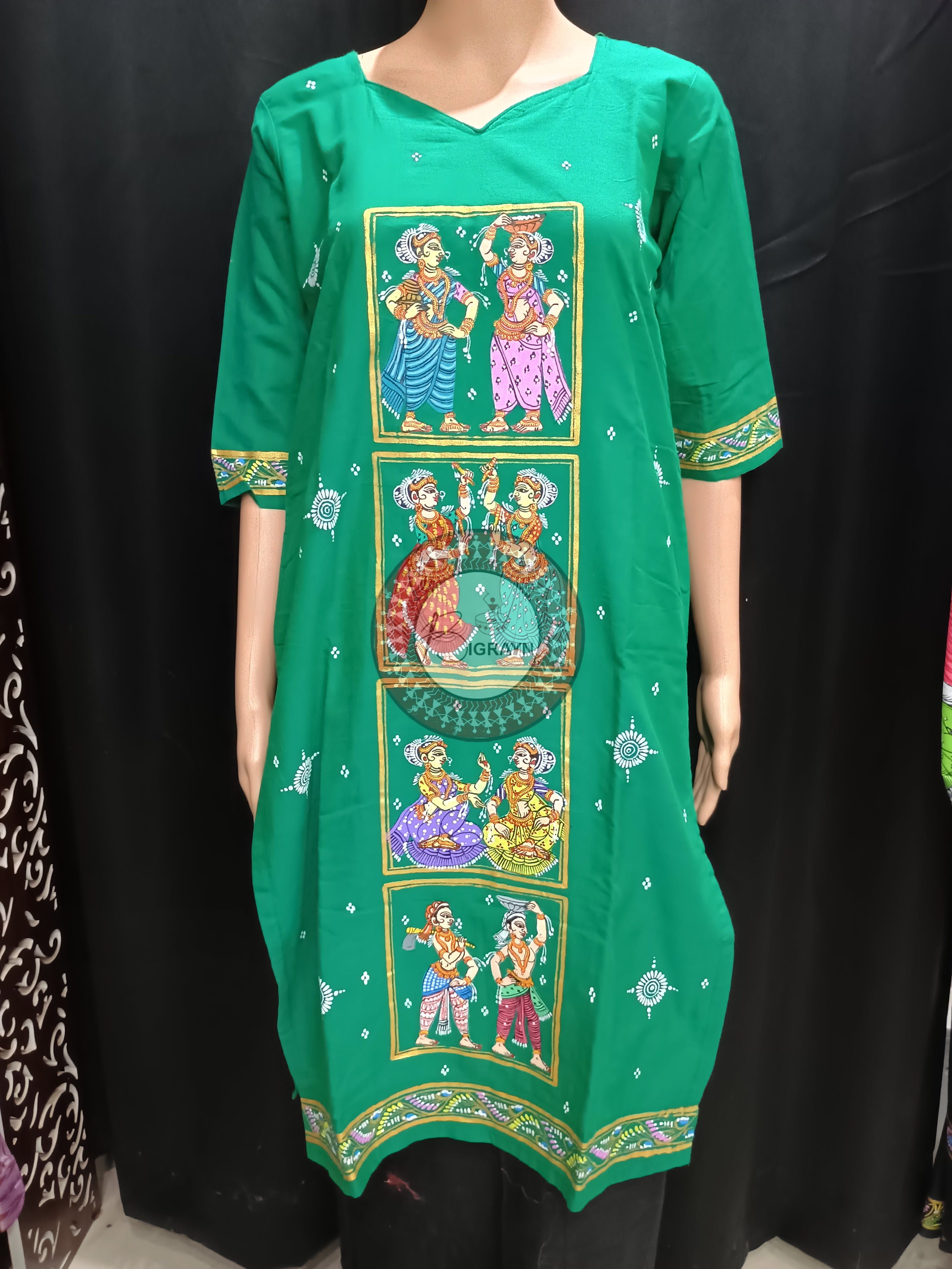 Sea Green Dua Dancer Theme Hand Painted Pattachitra Kurti