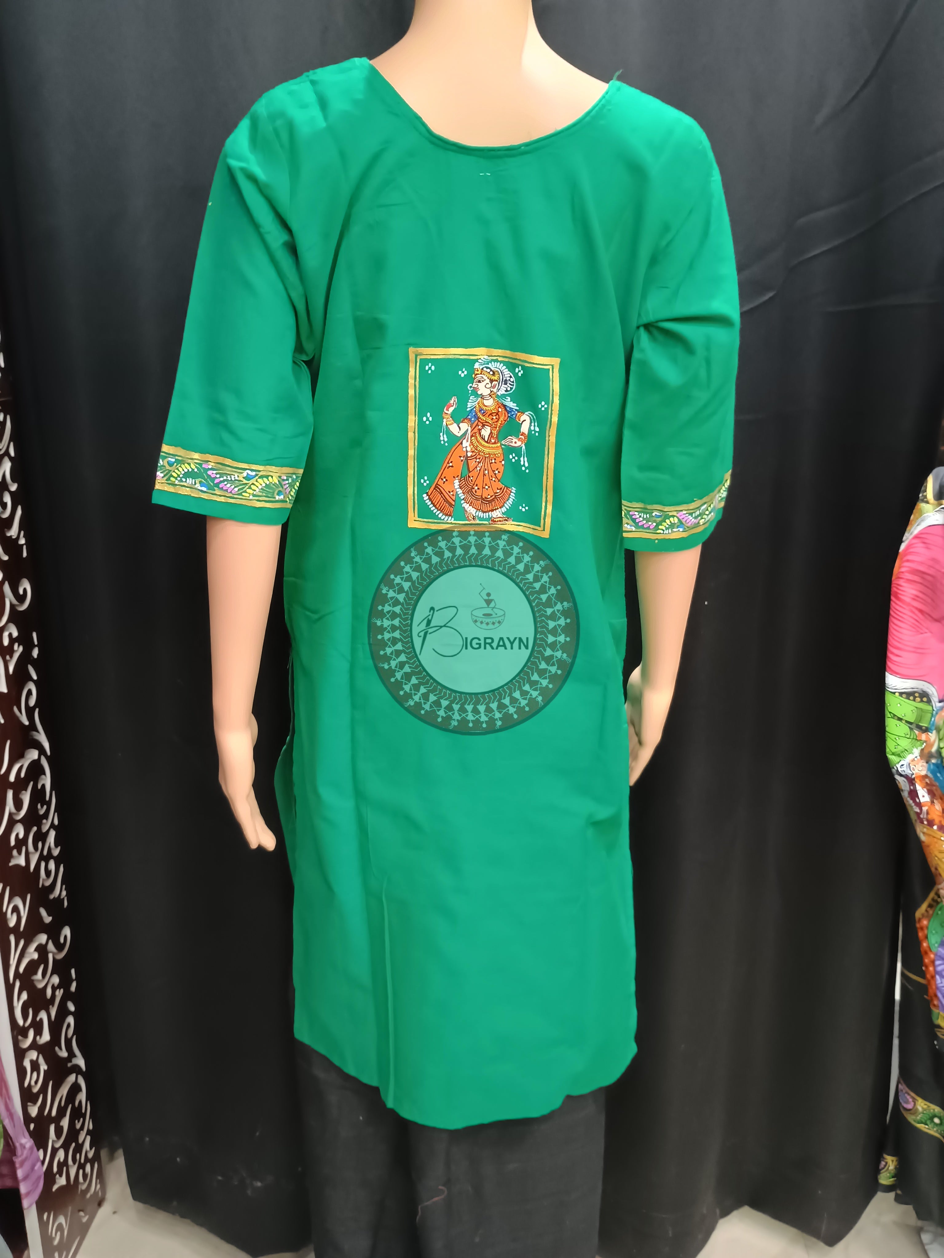 Sea Green Dua Dancer Theme Hand Painted Pattachitra Kurti