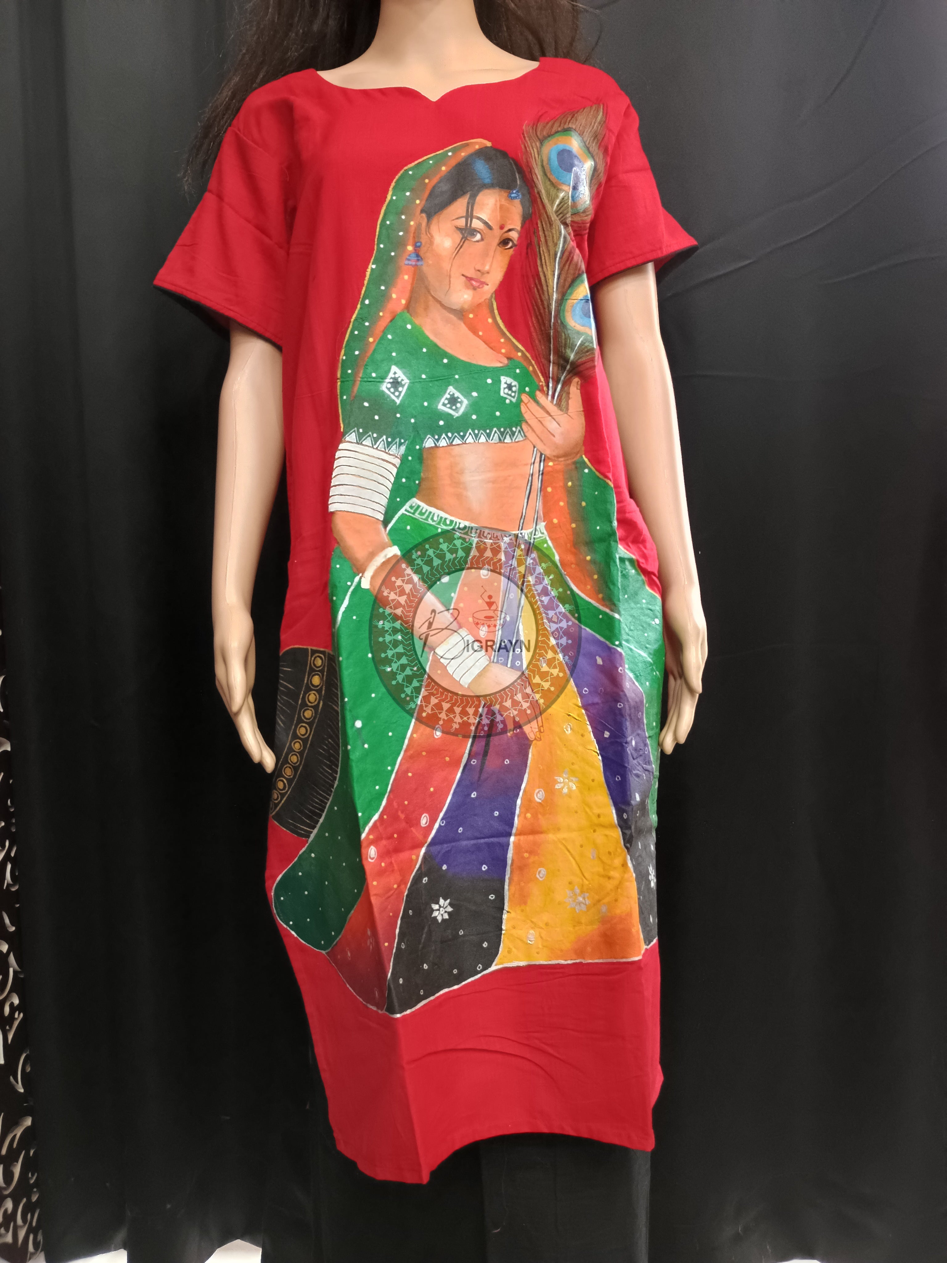 Red Lady With Mayur Chandrika Theme Hand Painted Pattachitra Kurti
