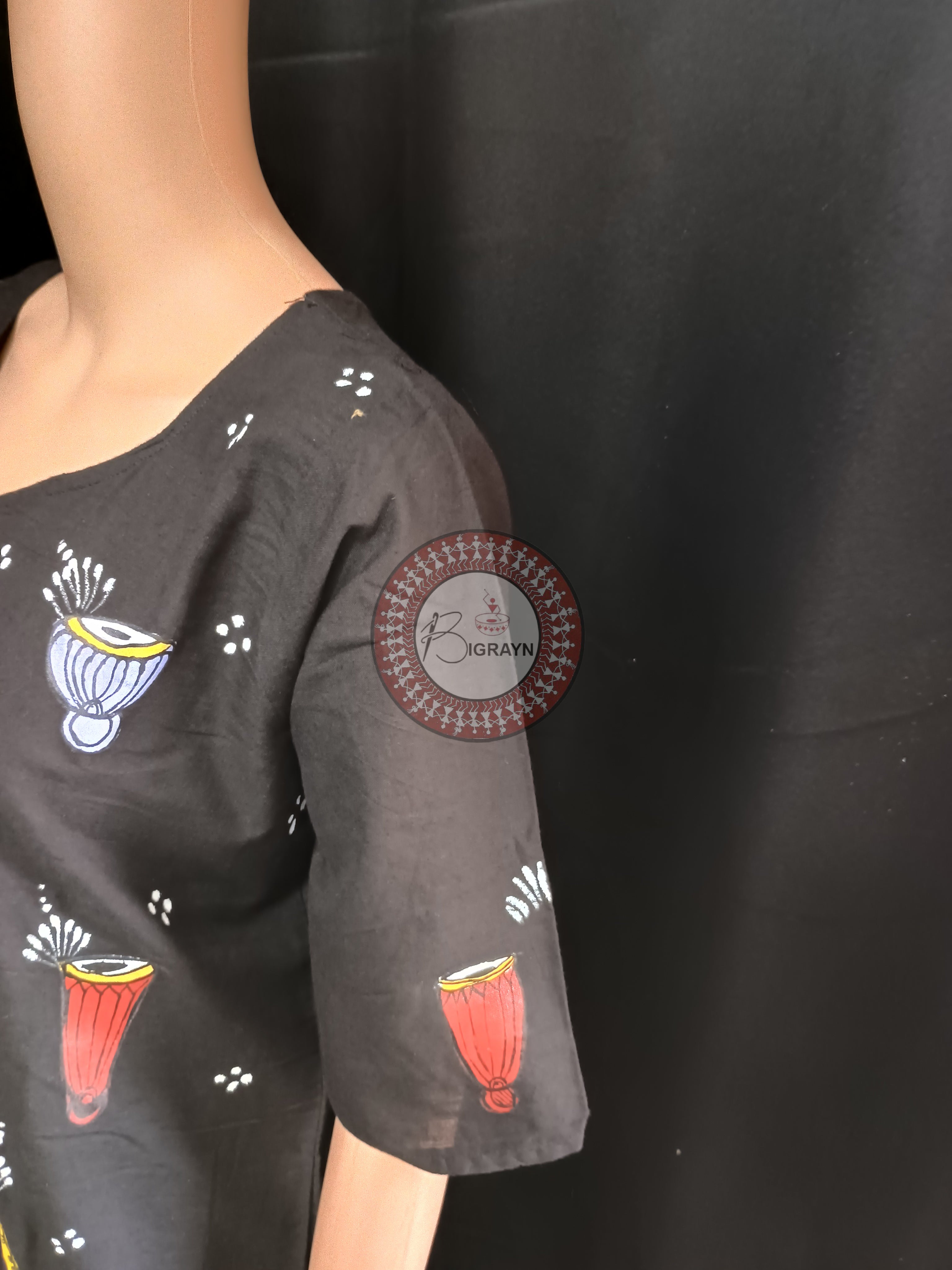 Black Yellow Dancer And Musical Instrument Theme Hand Painted Pattachitra Kurti