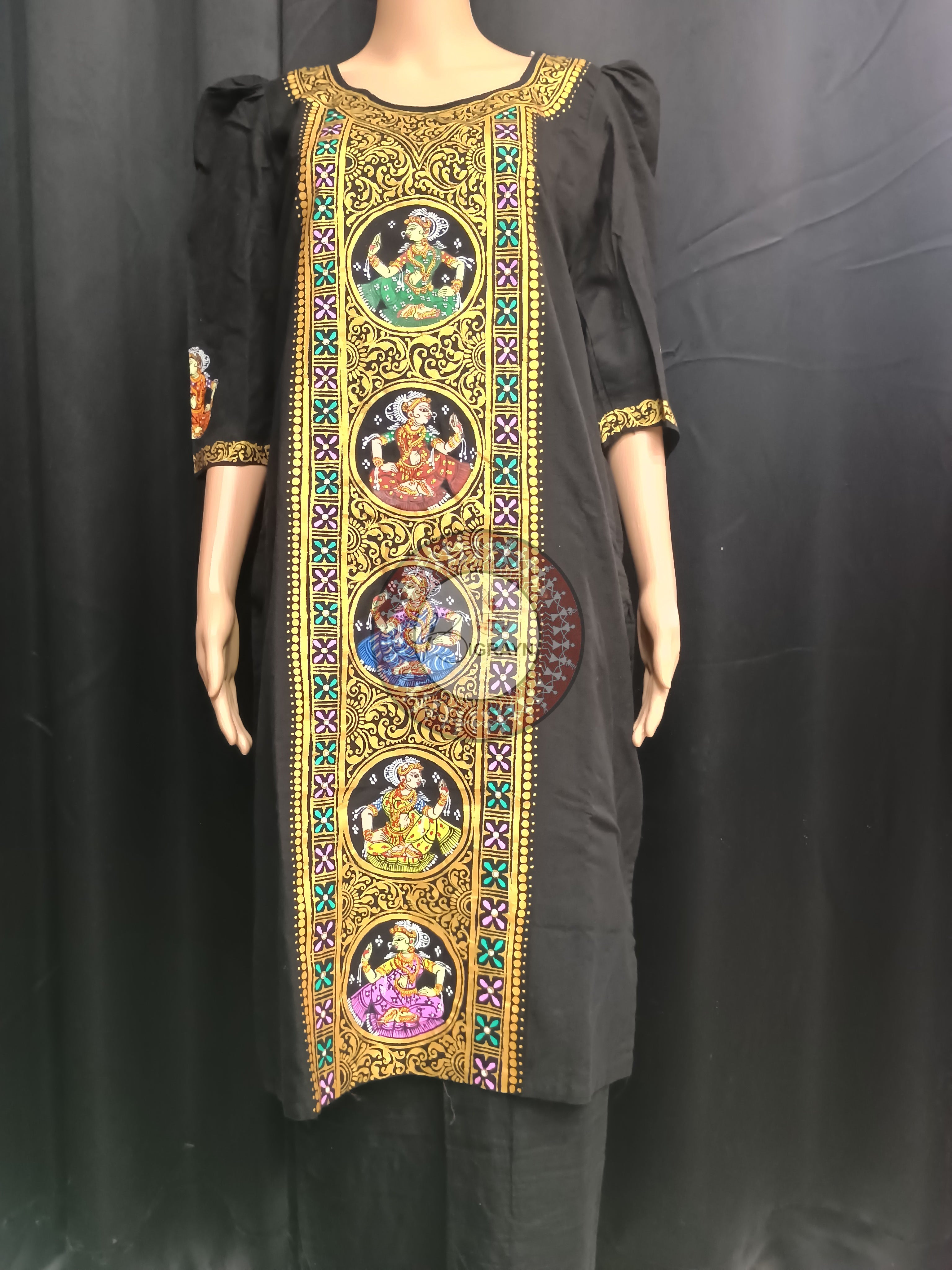 Black Golden Dancer Theme Hand Painted Pattachitra Kurti