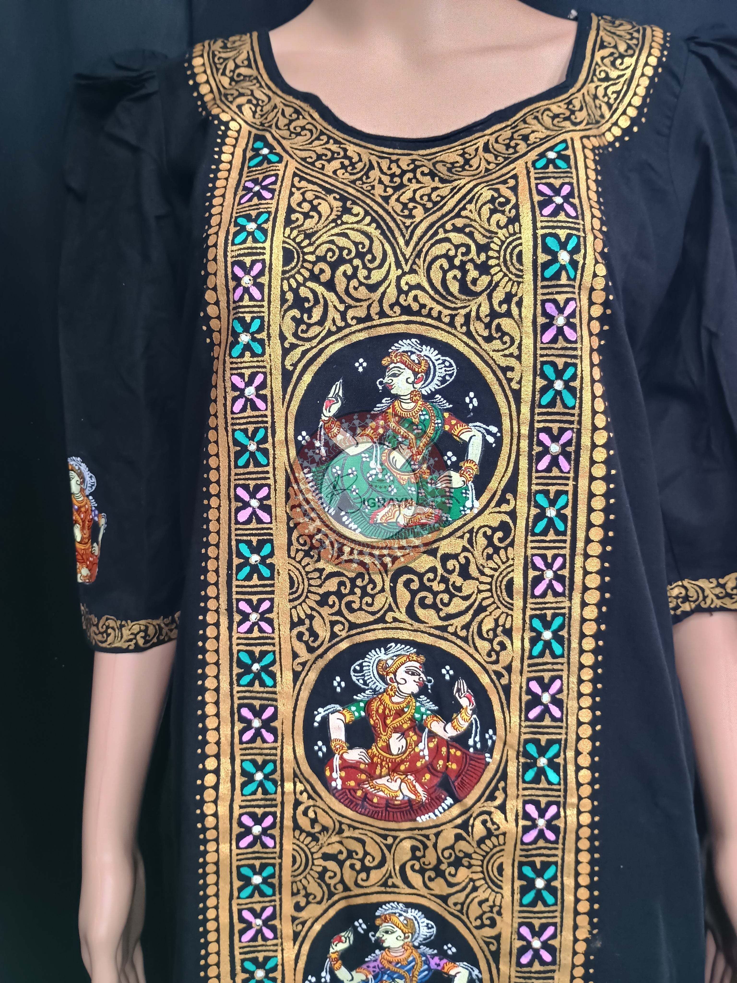 Black Golden Dancer Theme Hand Painted Pattachitra Kurti