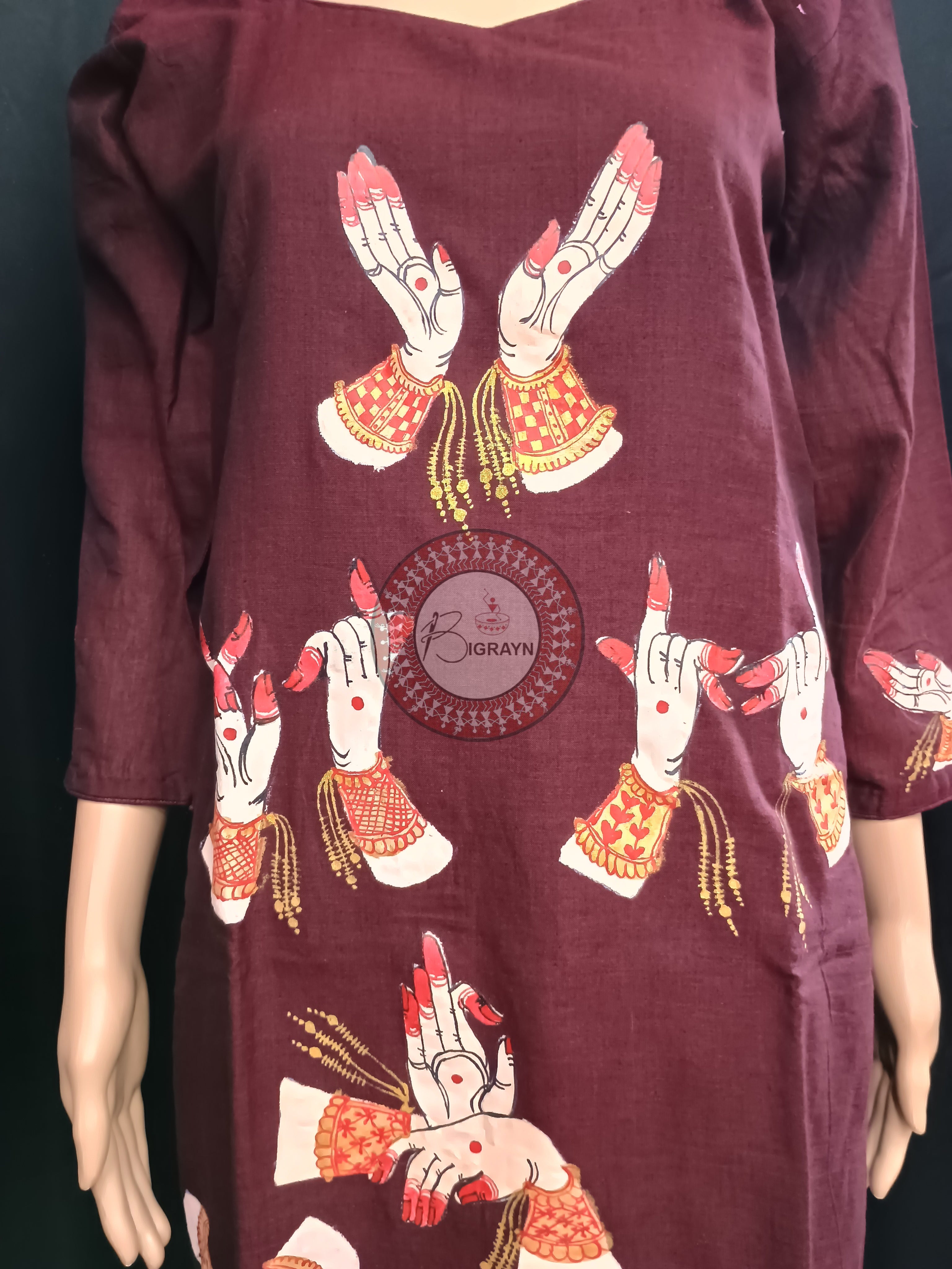 Maroon Odishi Mudra Theme Hand Painted Pattachitra Kurti
