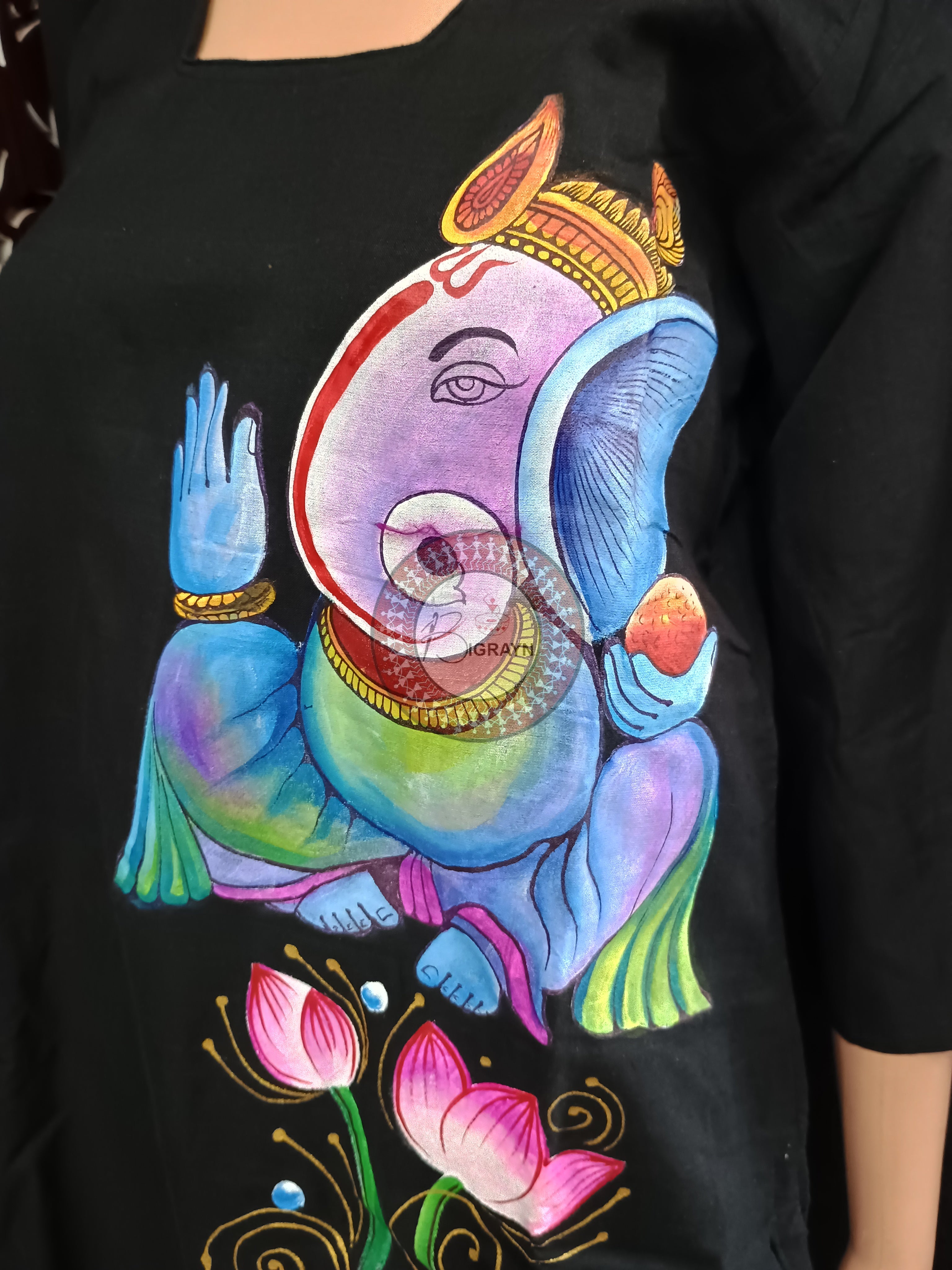 Black Ganesh Theme Hand Painted Pattachitra Kurti