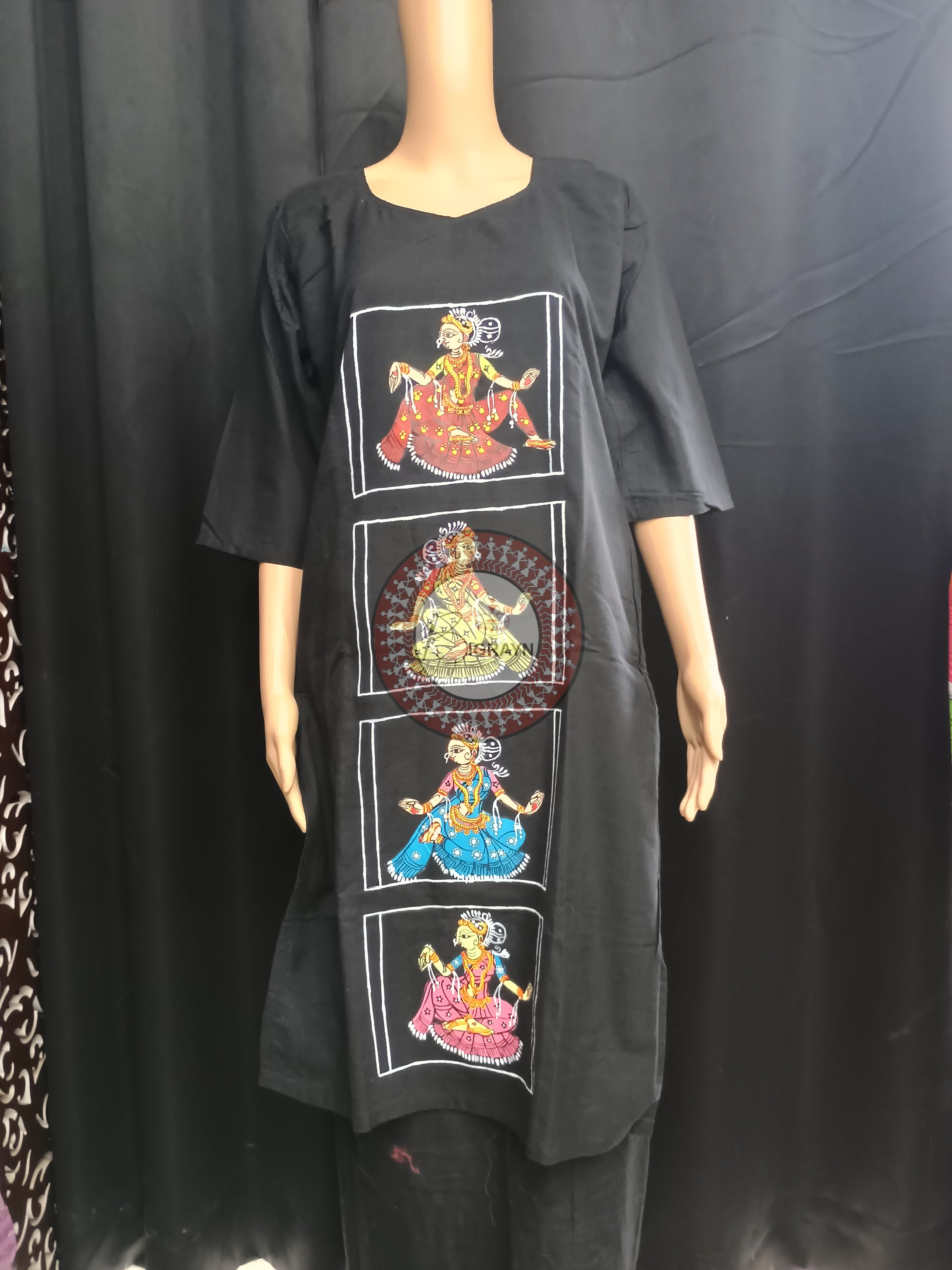 Black Dancer Theme Hand Painted Pattachitra Kurti