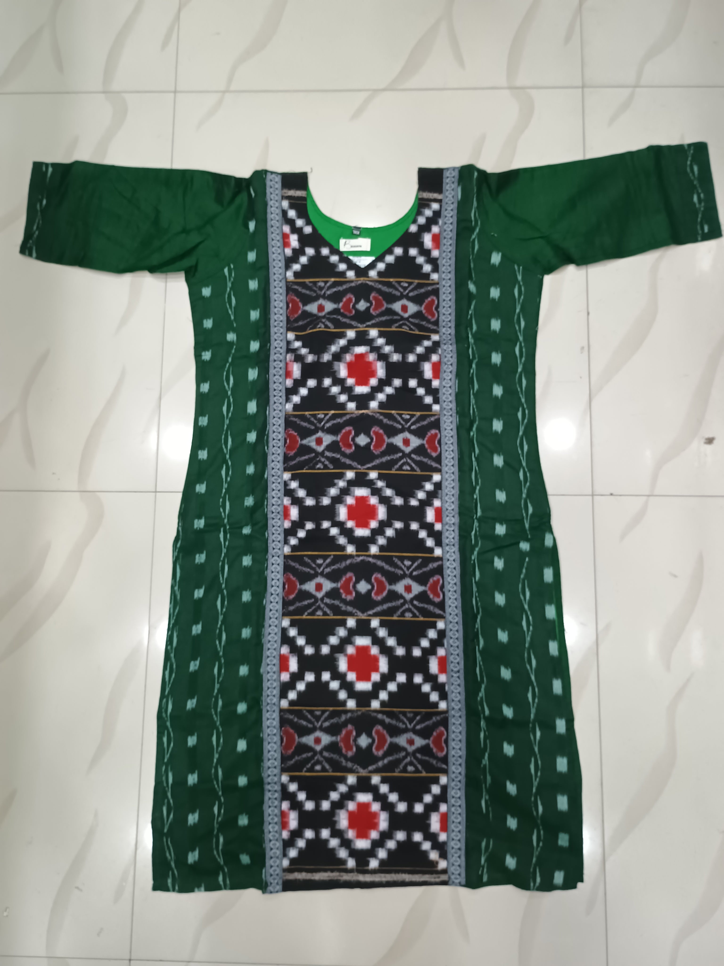 Green Black Cross Pasapali Designer A-Line Kurti