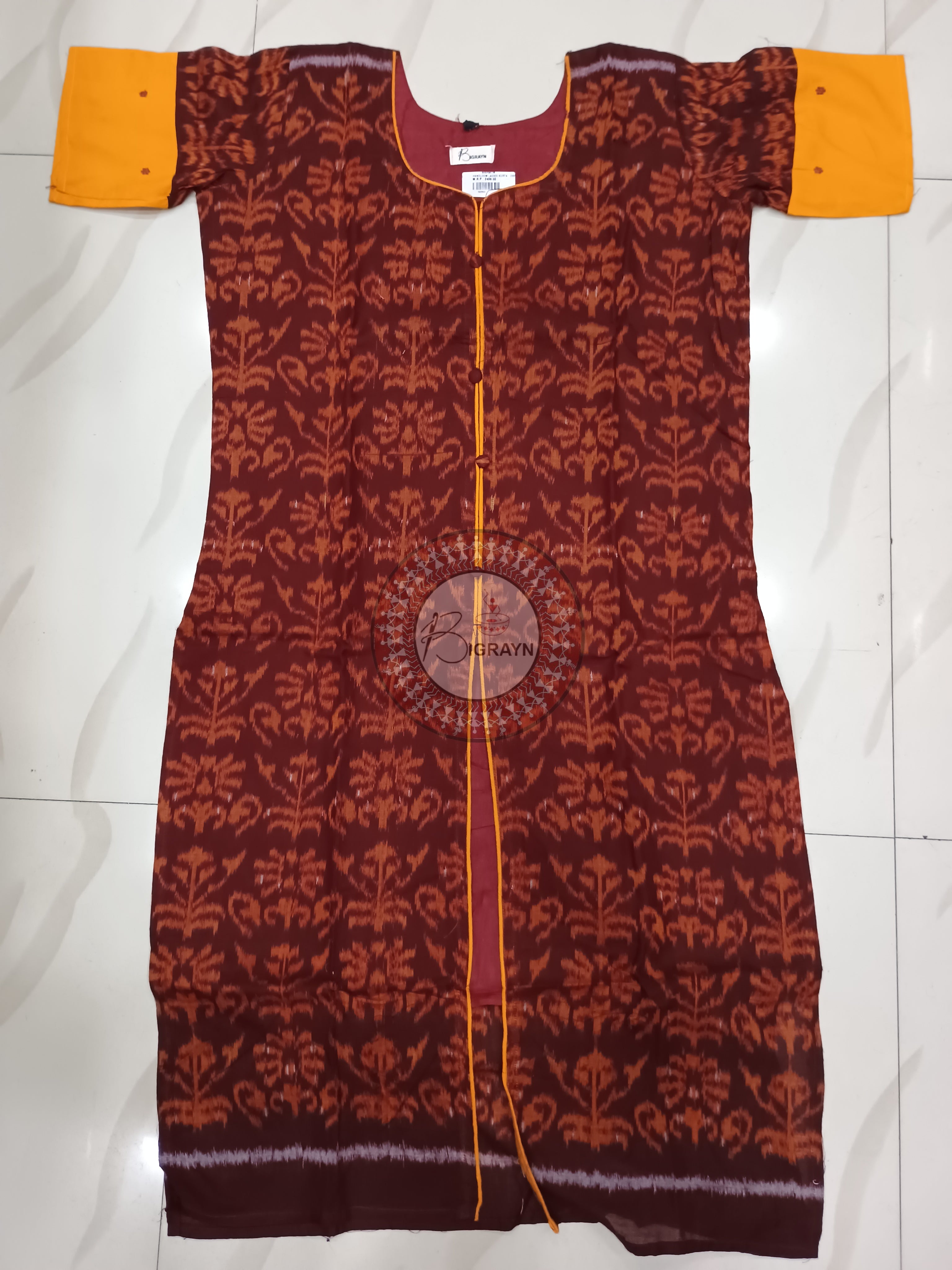 Maroon Yellow Tree Designer A-Line Kurti