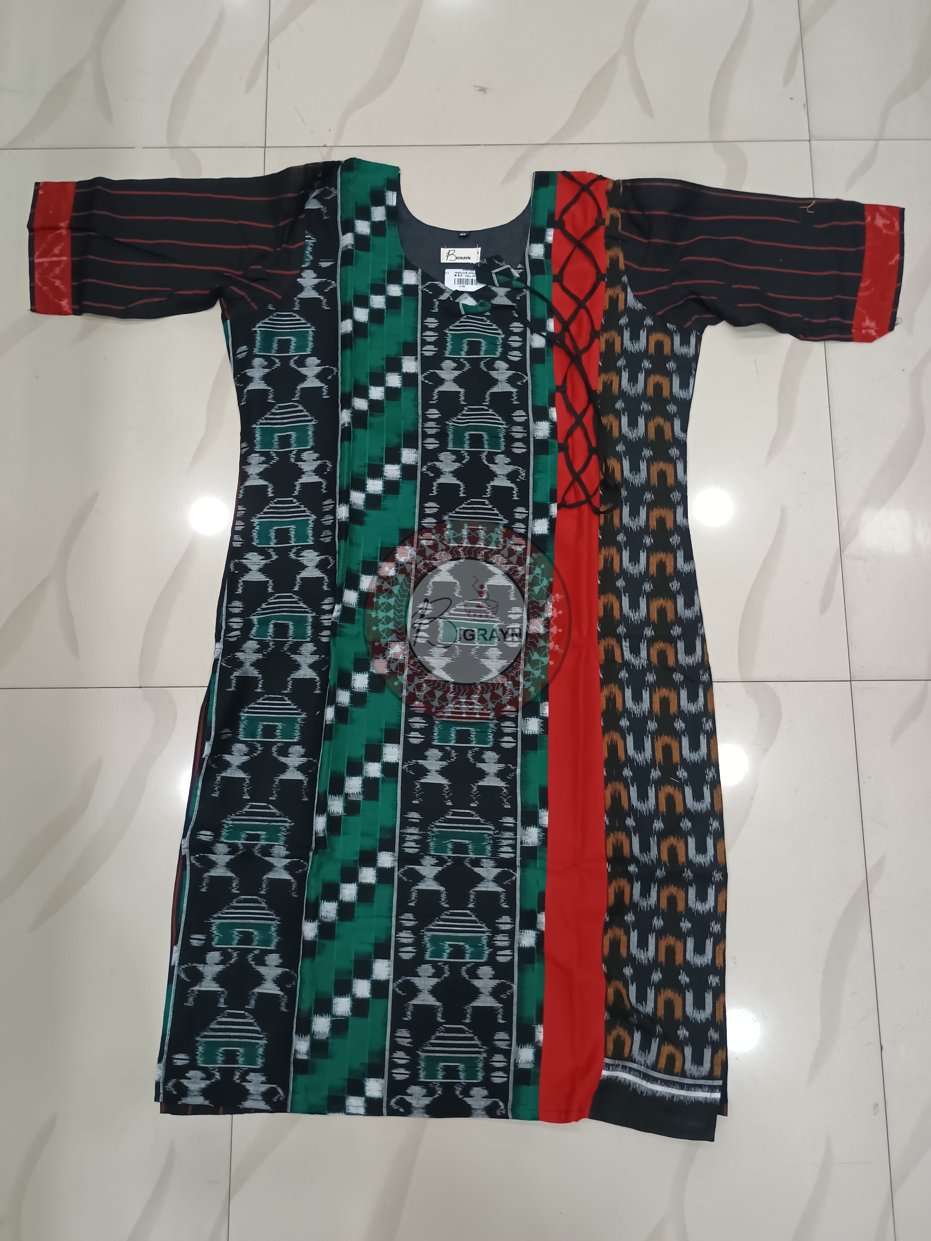 Green Black Red Pasapali Designer A-Line Kurti
