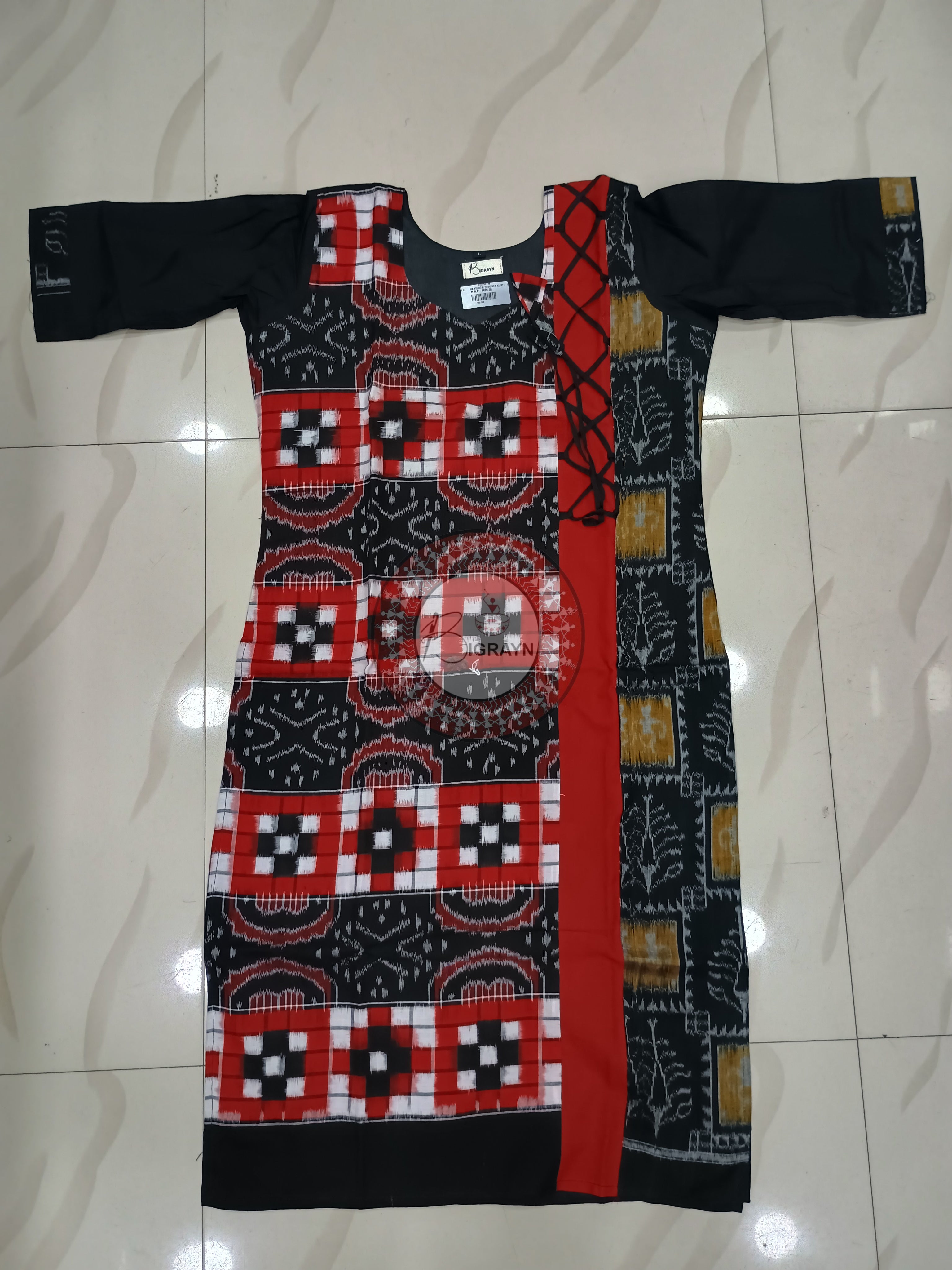 Black Red white Pasapali Designer A-Line Kurti