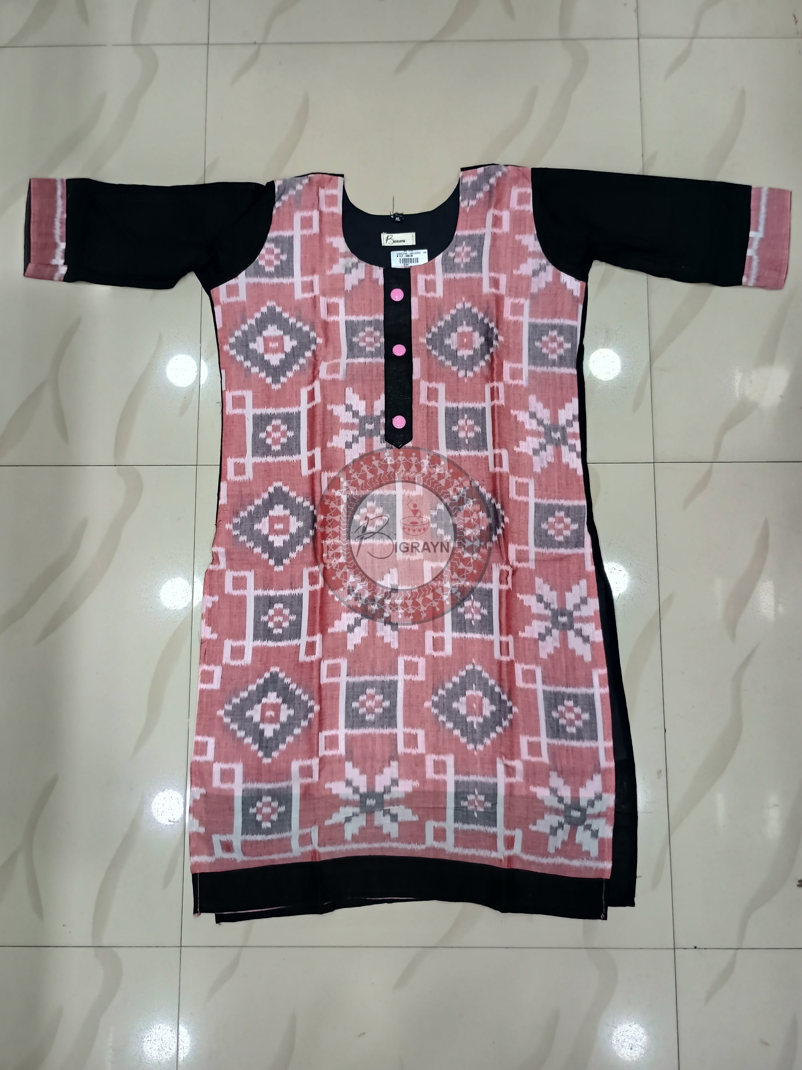 Peach Black Pasapali Designer A-Line Kurti