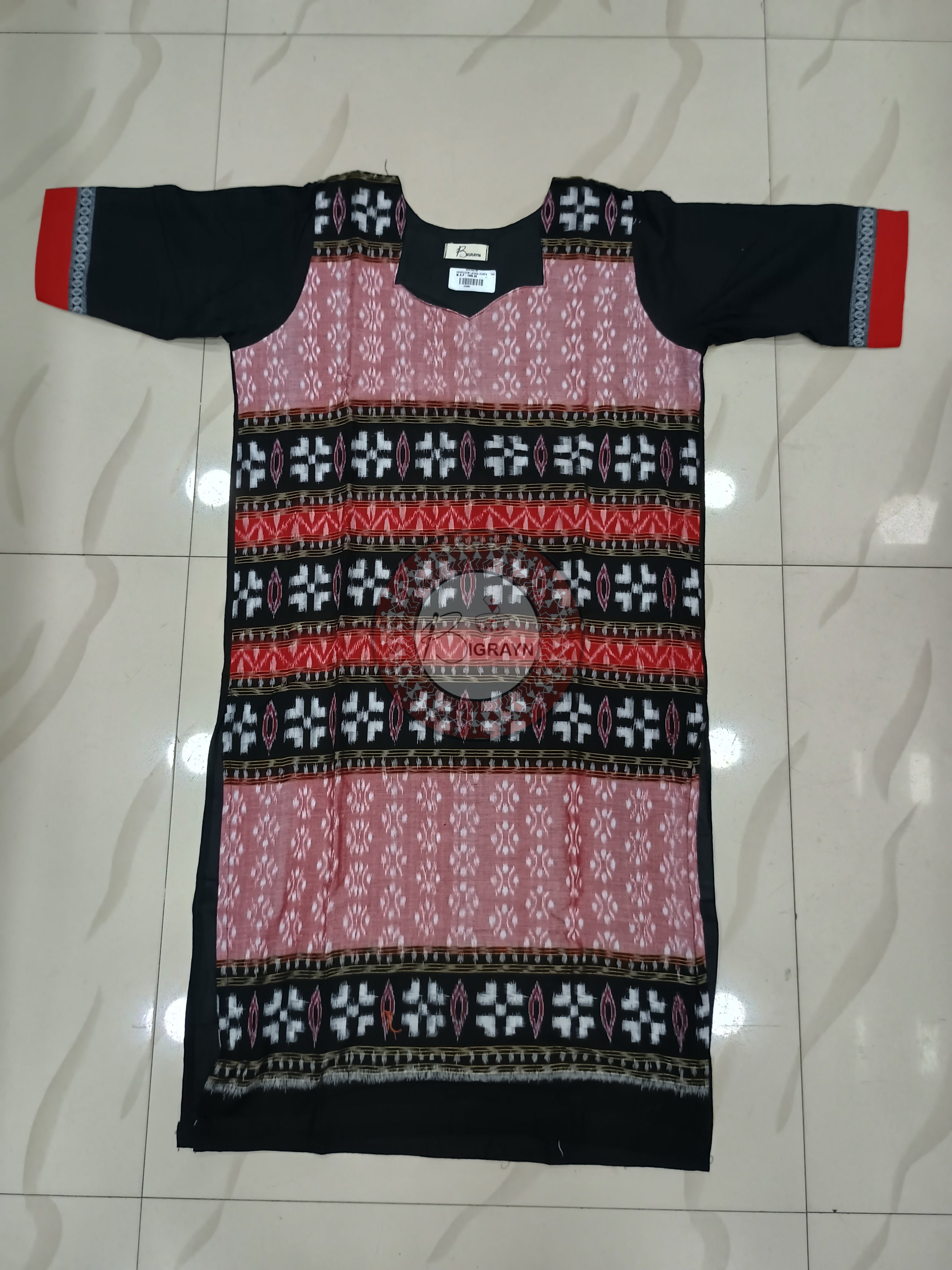 Peach Black Pasapali With Flower Designer A-Line Kurti