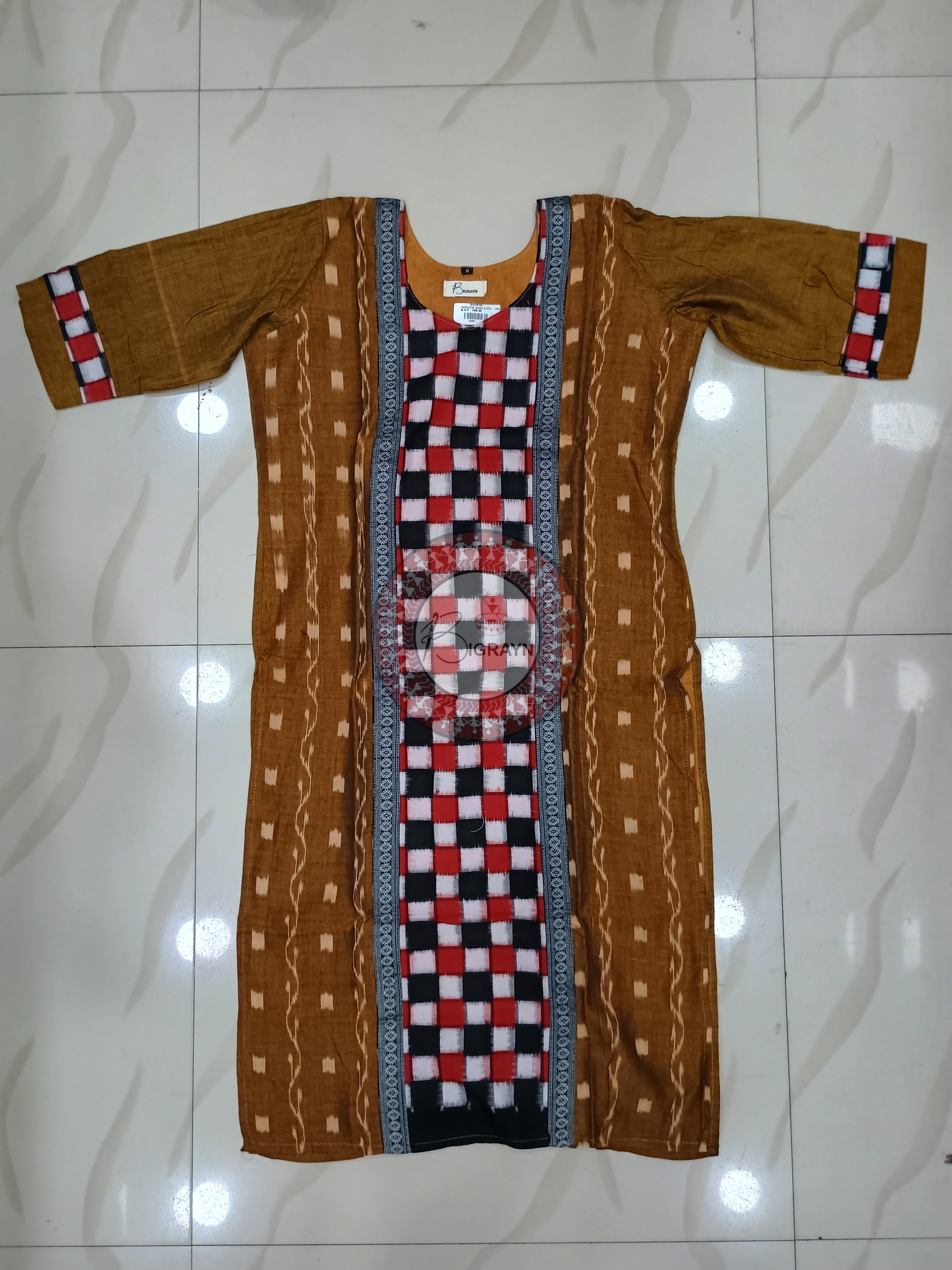 Mustard Yellow White Pasapali Designer A-Line Kurti