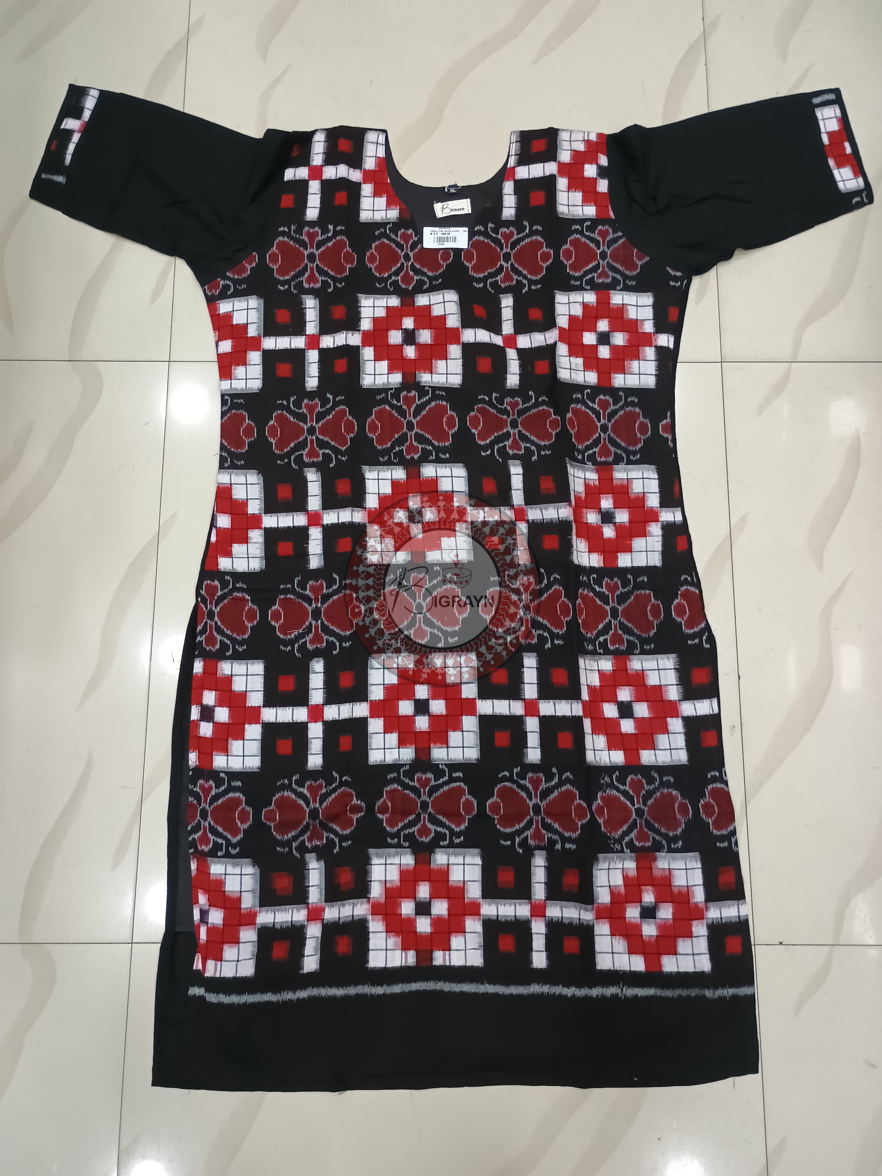Black White Red Pasapali With Flower Designer A-Line Kurti