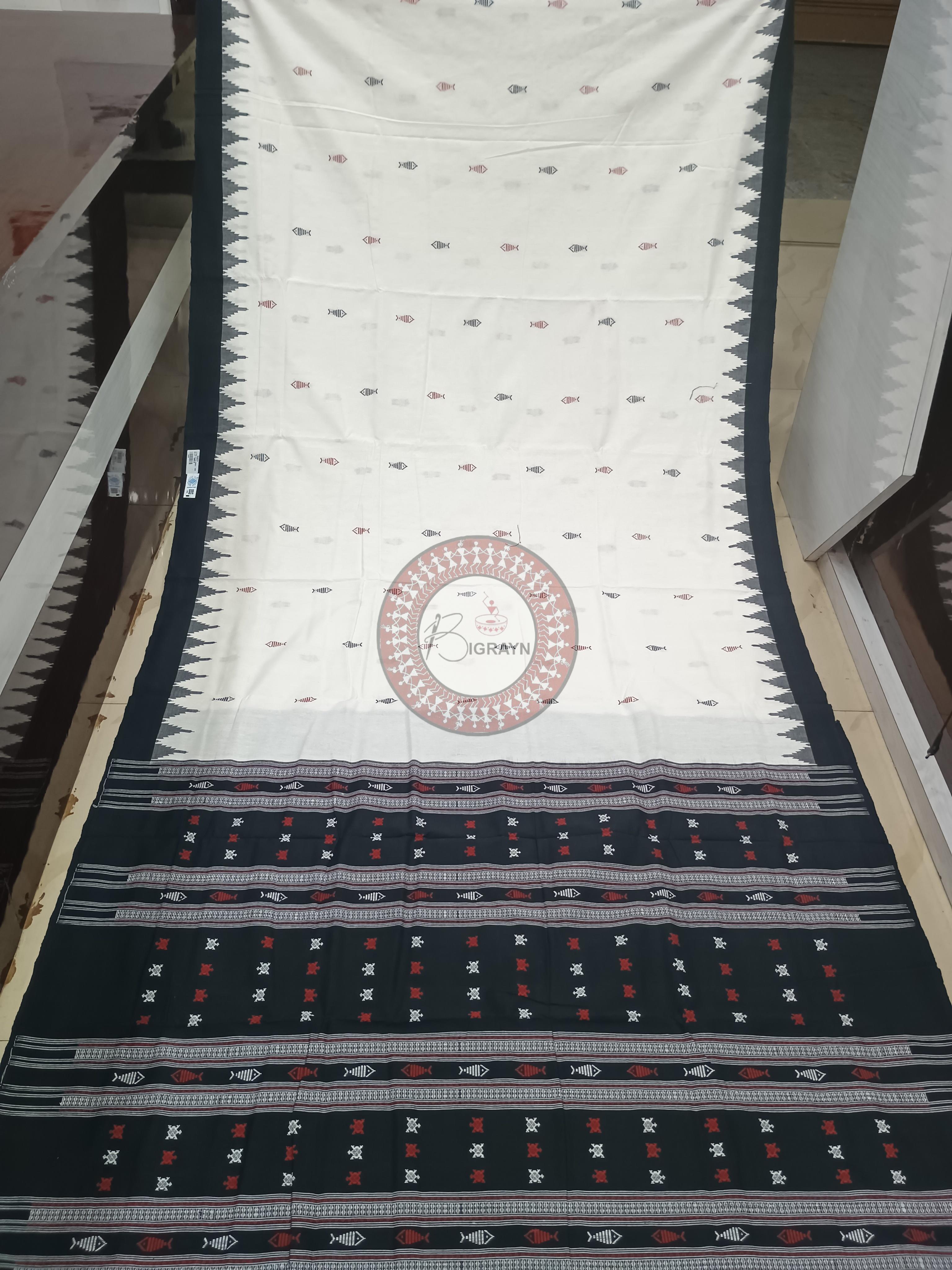 White Black Mastya Kachhap With Phoda Kumbha Border Odisha Handloom Kotpad Cotton Saree