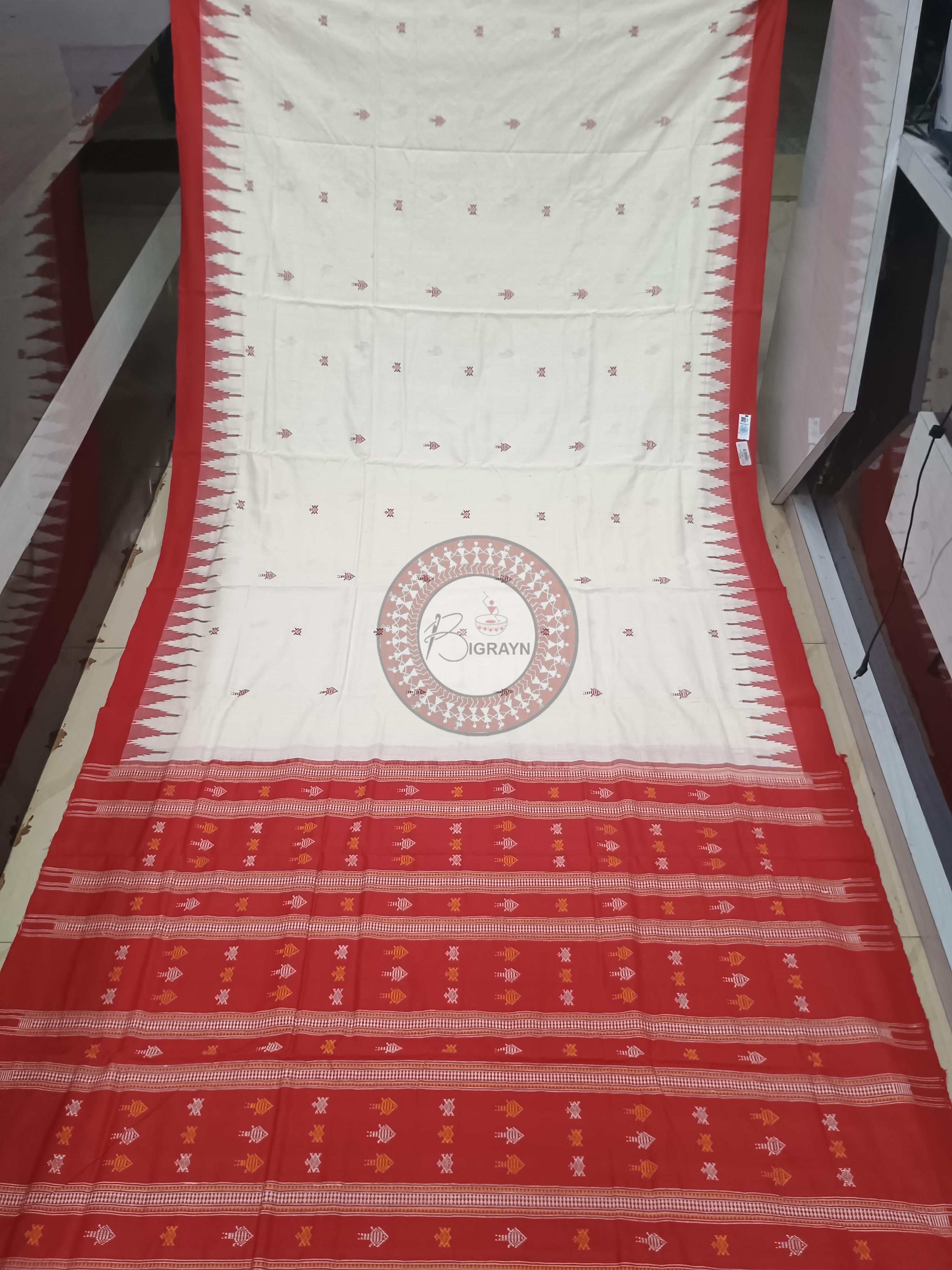 White Red Fish Odisha Handloom Kotpad Cotton Saree