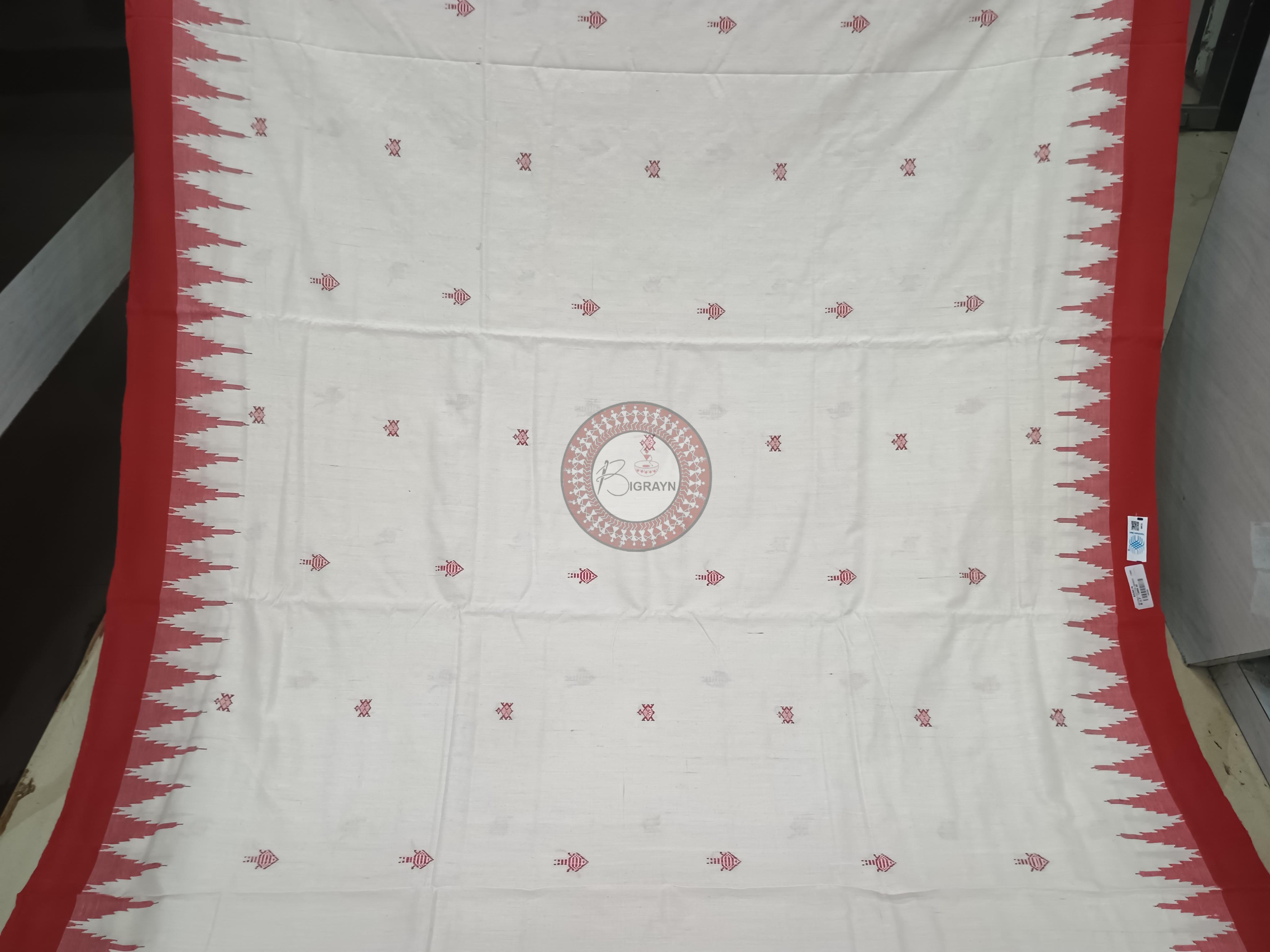 White Red Fish Odisha Handloom Kotpad Cotton Saree
