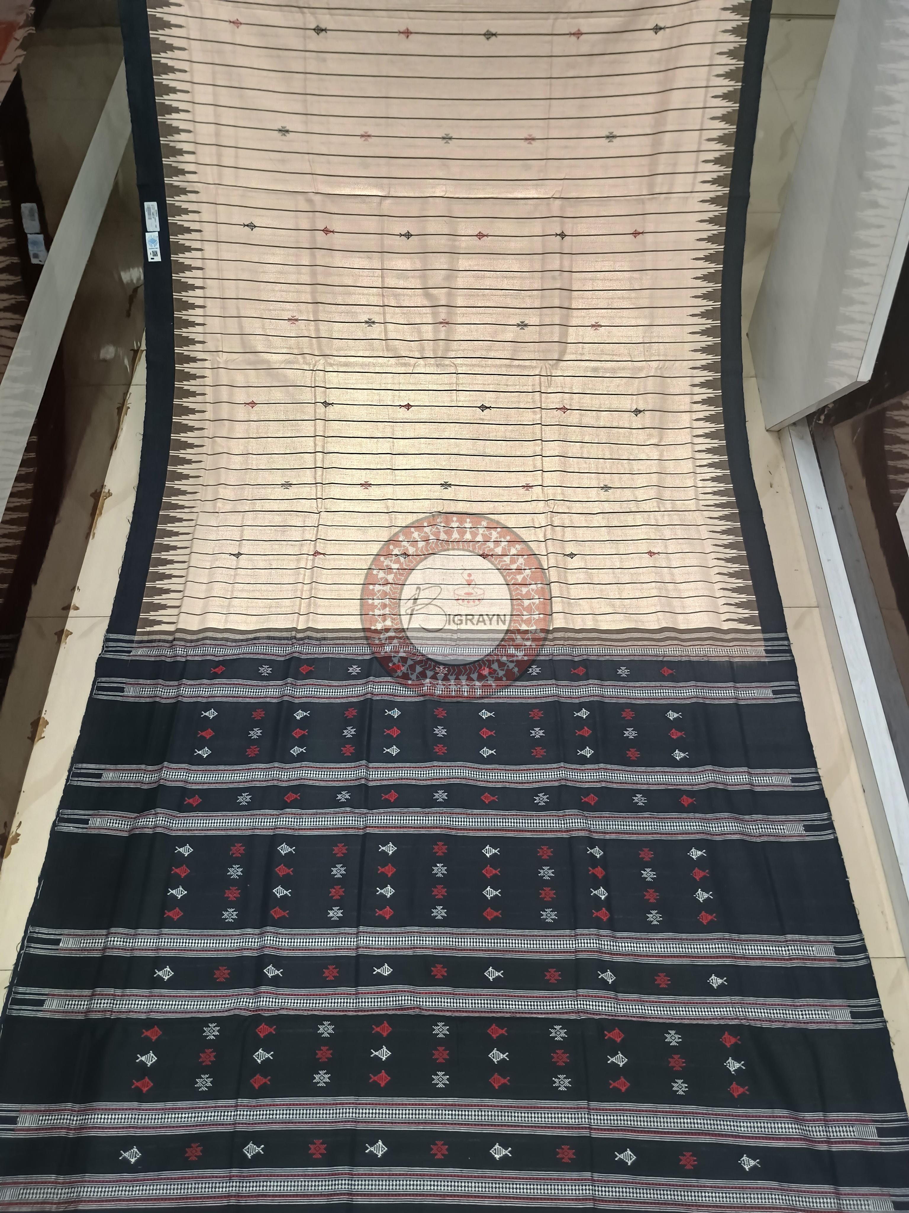 Off White Black Stripe Fish Odisha Handloom Kotpad Cotton Saree