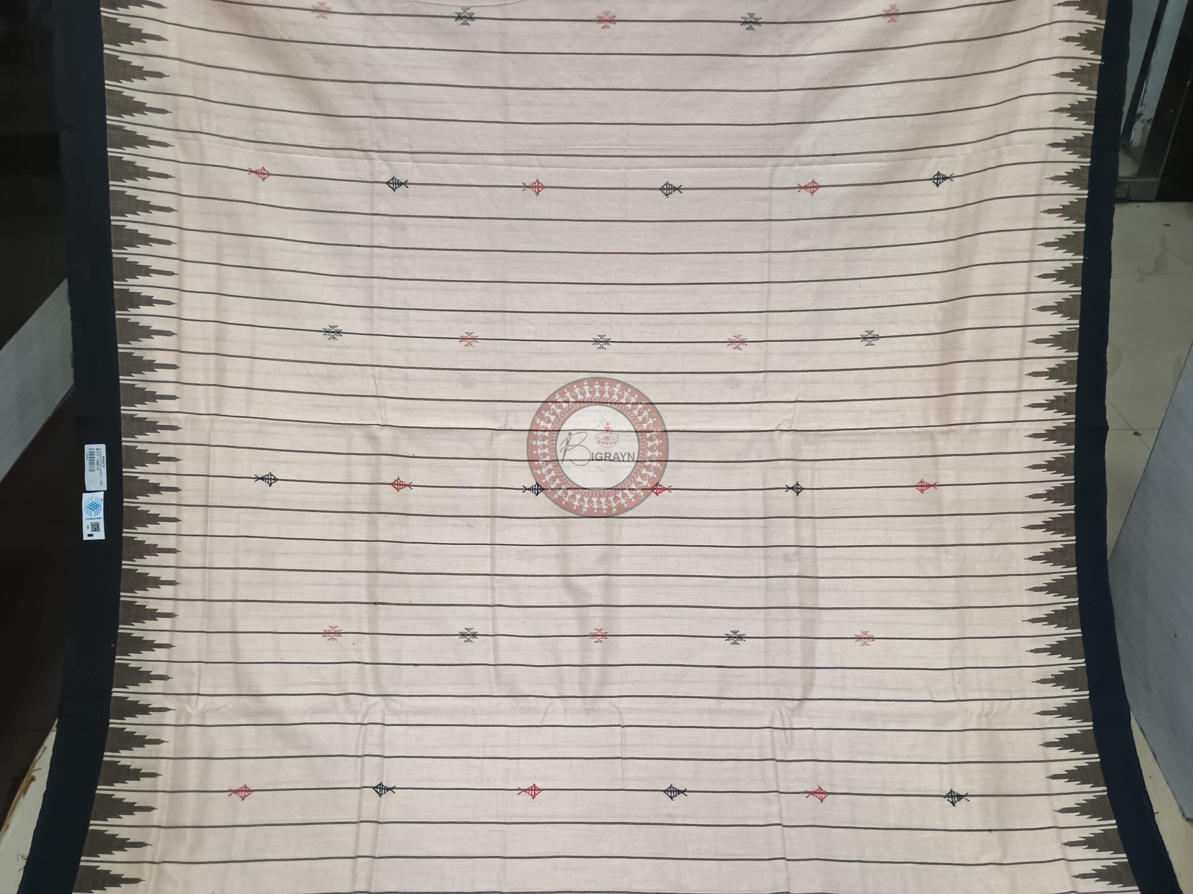 Off White Black Stripe Fish Odisha Handloom Kotpad Cotton Saree