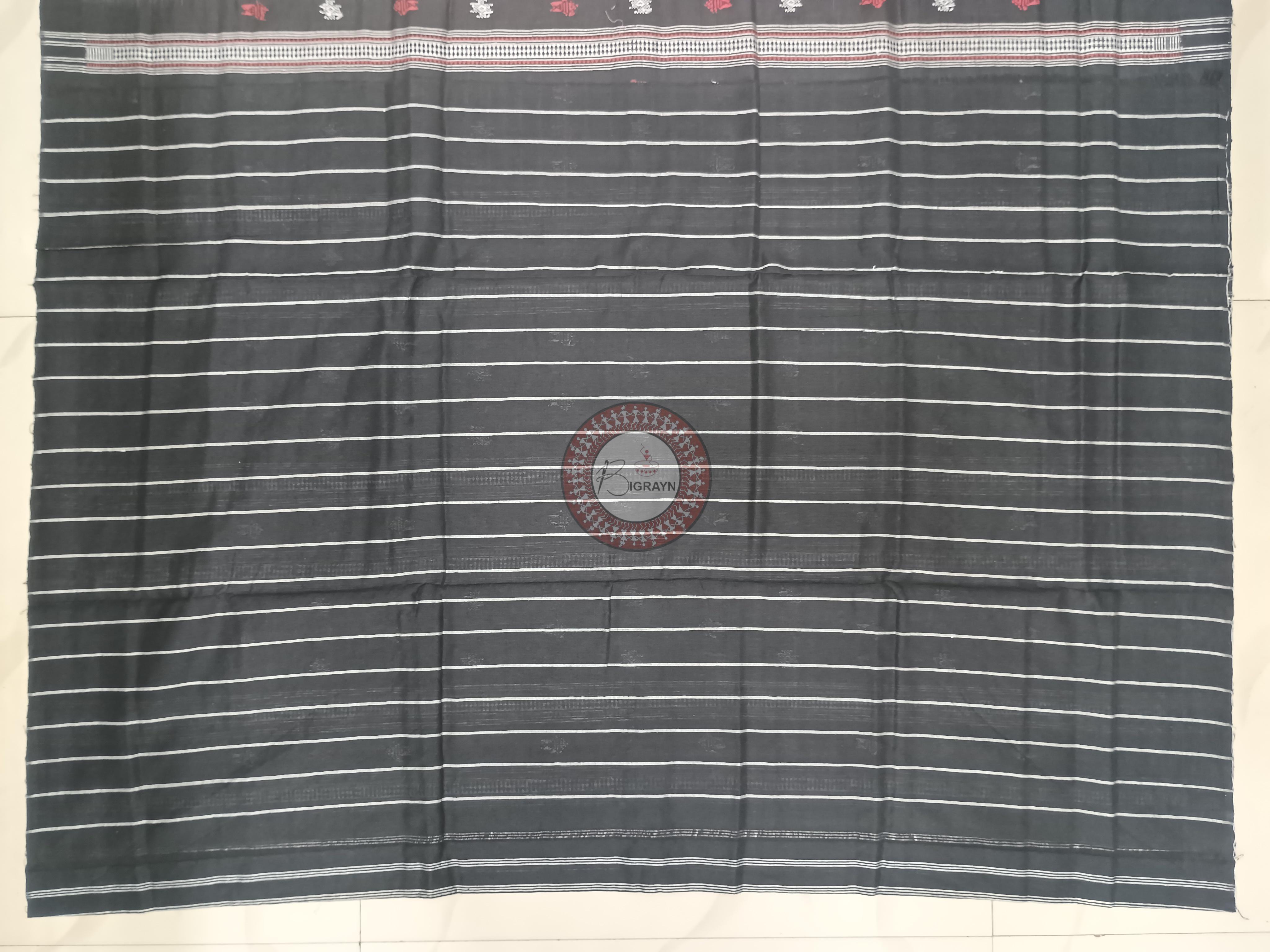 Off White Black Stripe Fish Odisha Handloom Kotpad Cotton Saree