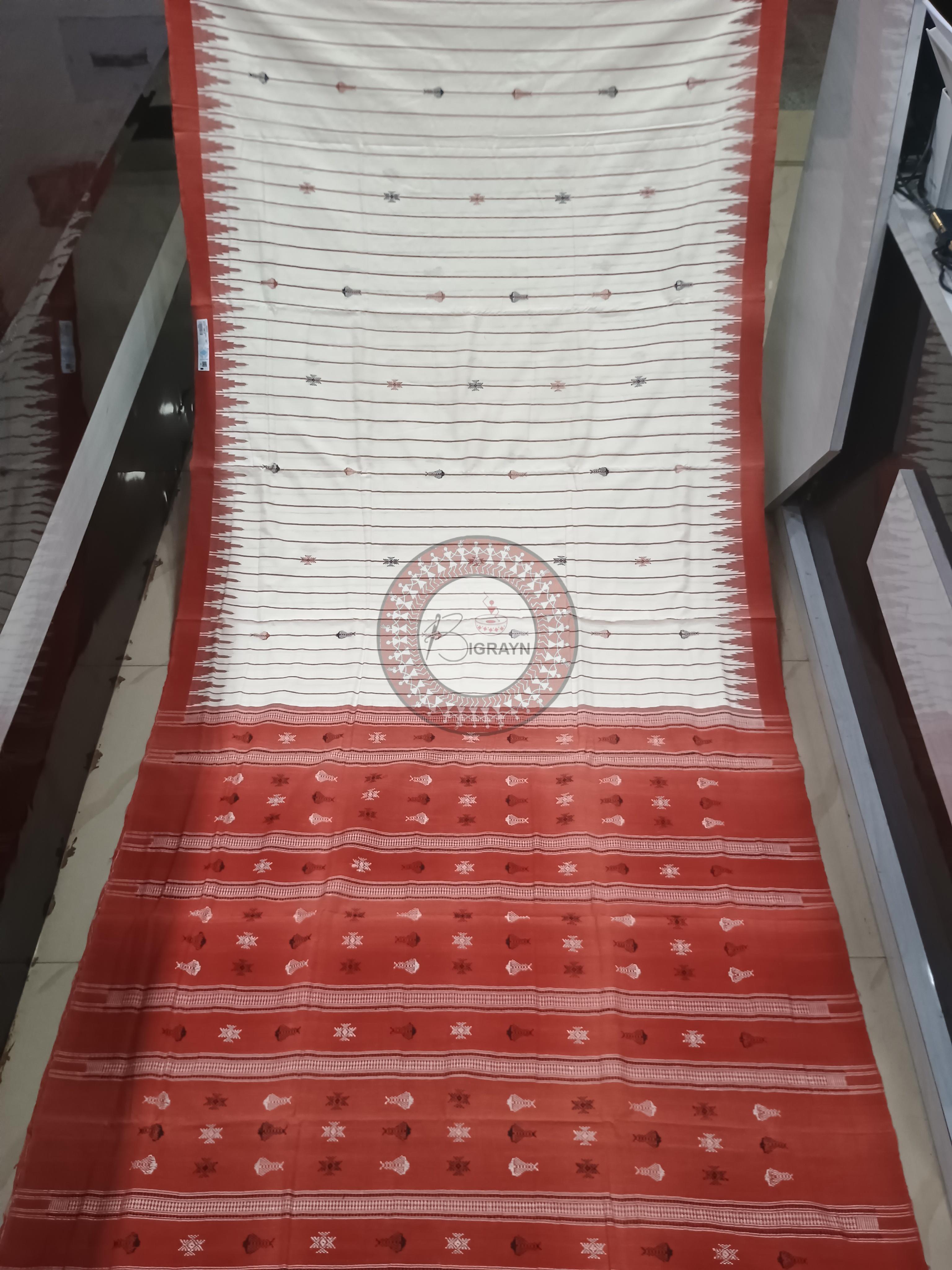 White Red Stripe Fish Odisha Handloom Kotpad Cotton Saree