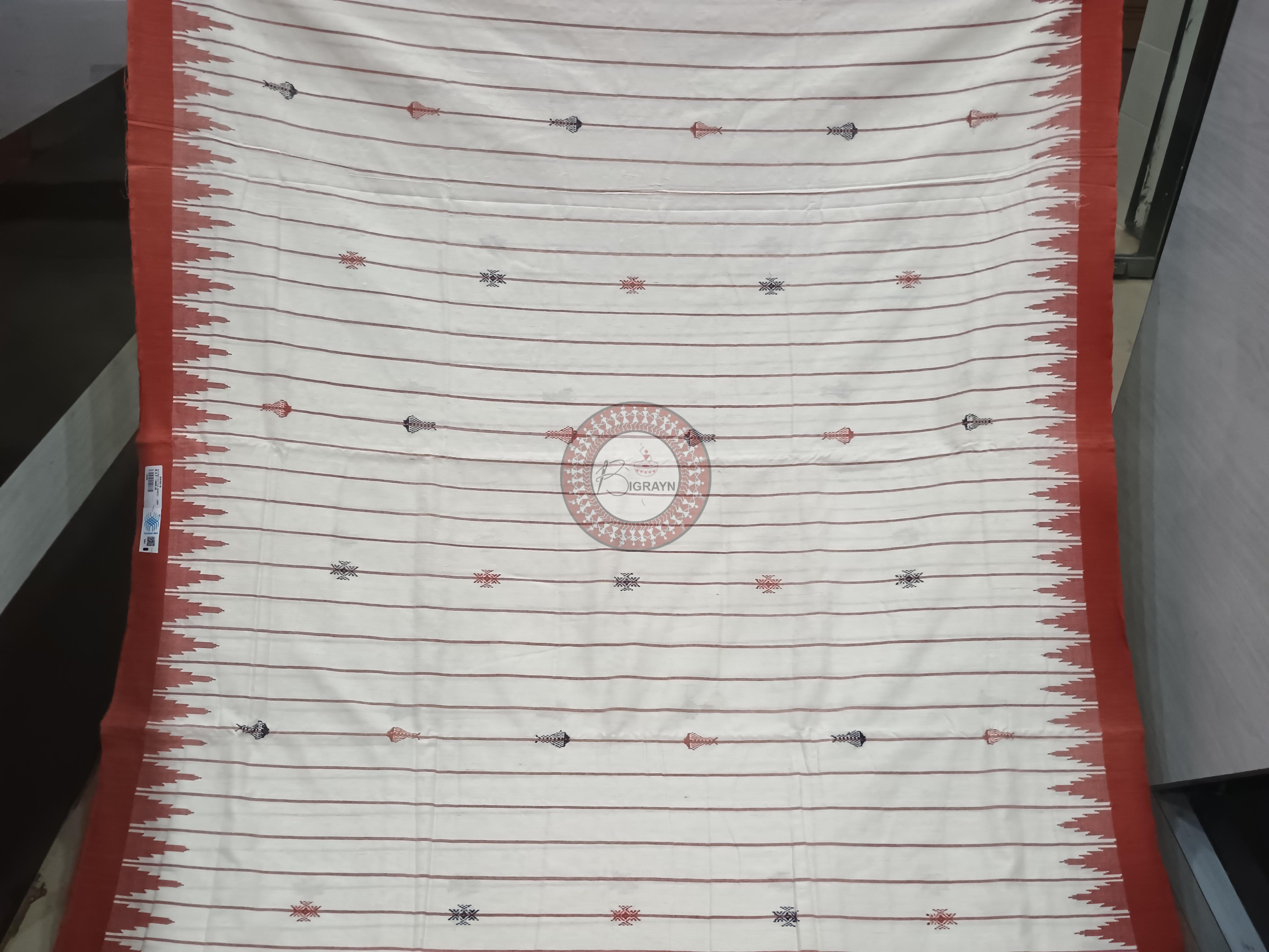 White Red Stripe Fish Odisha Handloom Kotpad Cotton Saree