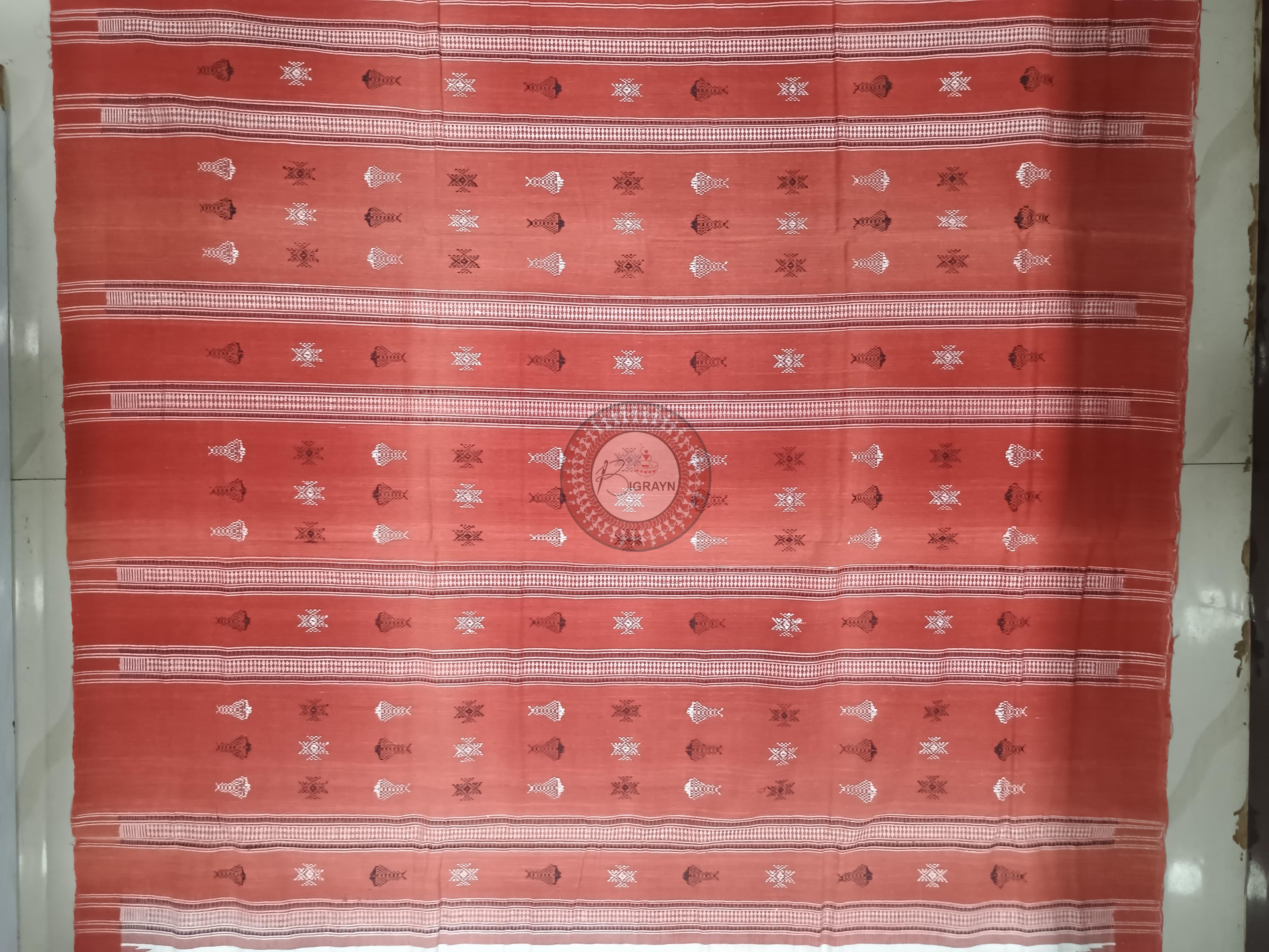 White Red Stripe Fish Odisha Handloom Kotpad Cotton Saree