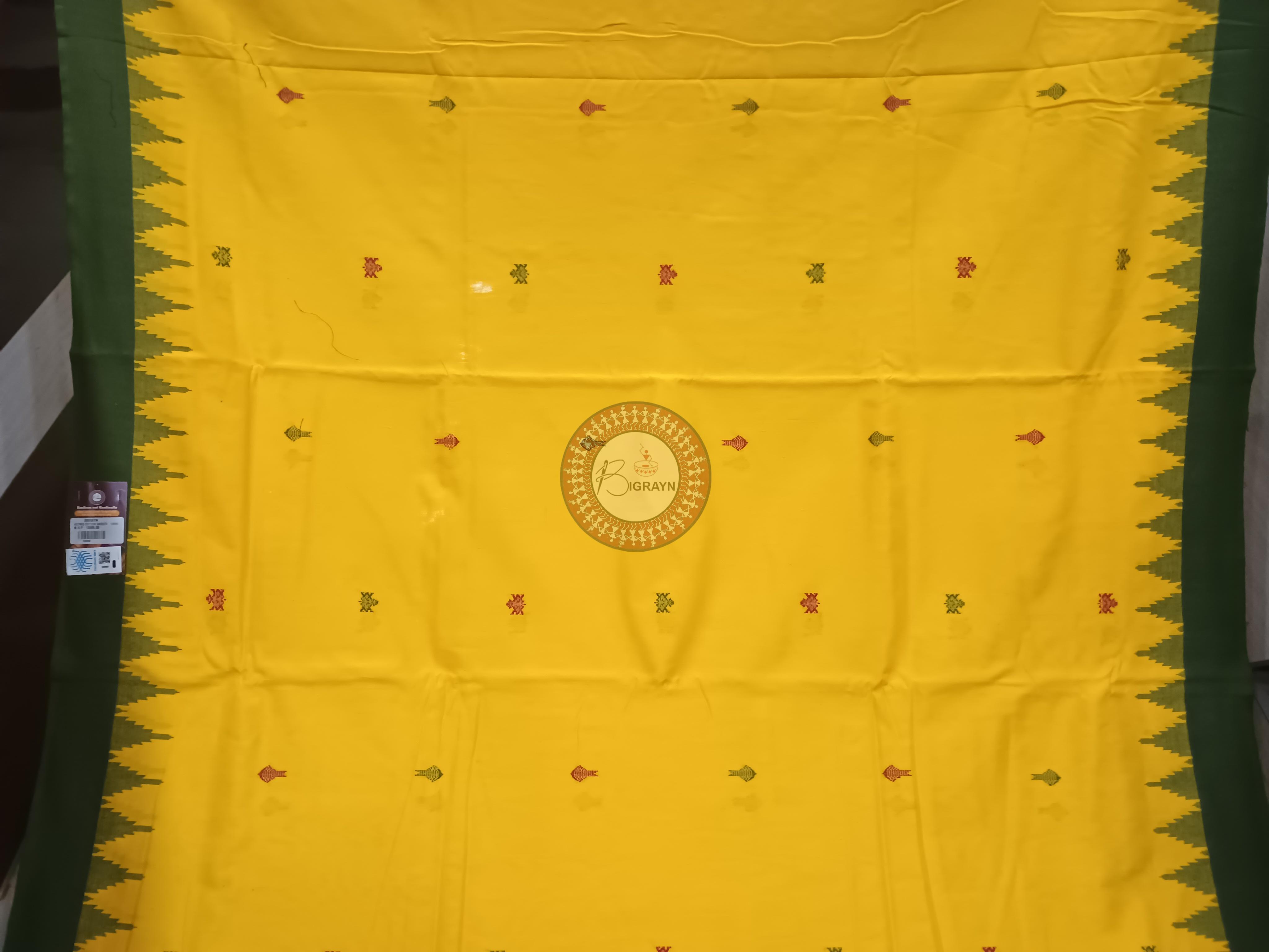 Yellow Green Fish Odisha Handloom Kotpad Cotton Saree