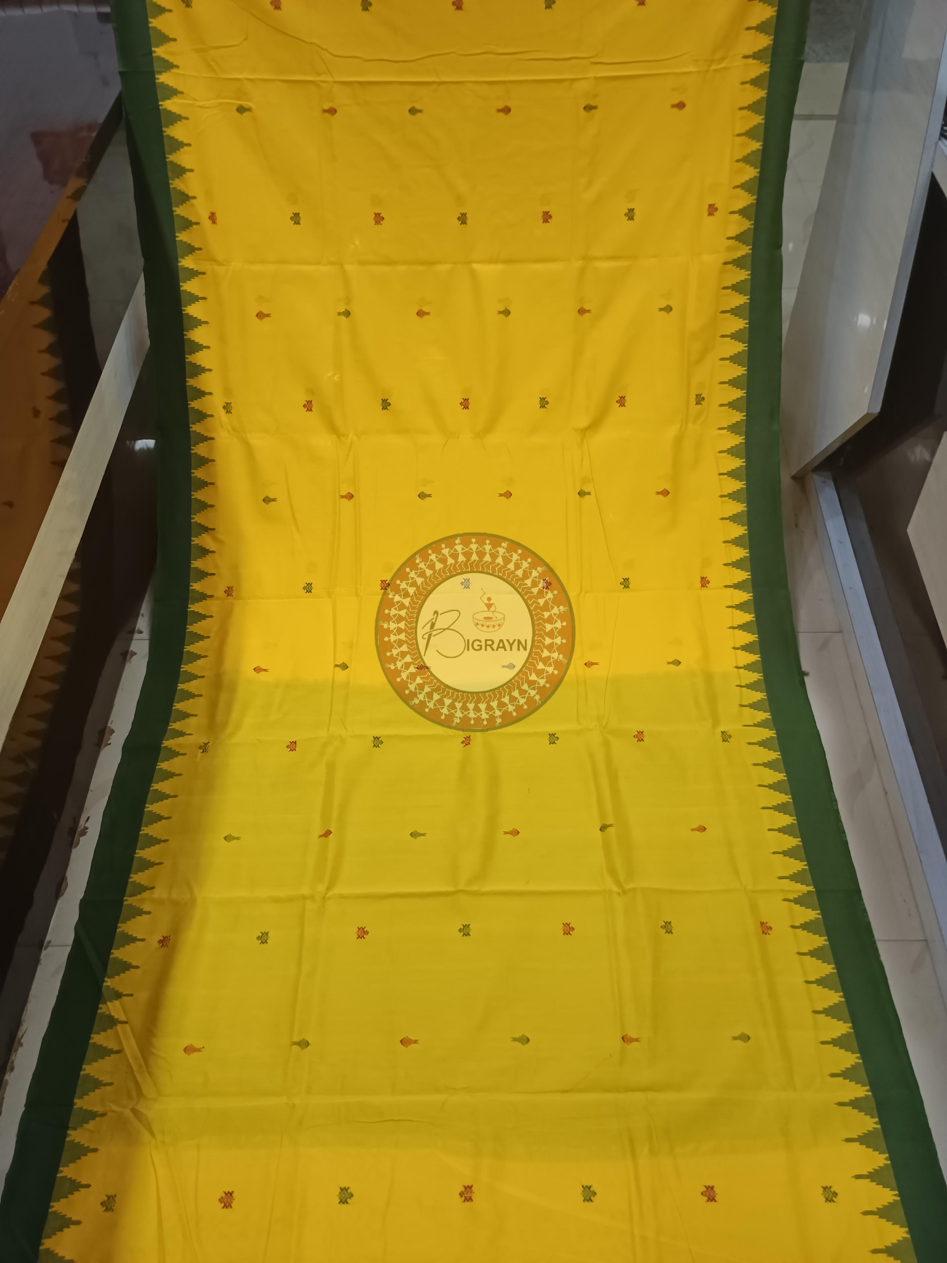 Yellow Green Fish Odisha Handloom Kotpad Cotton Saree