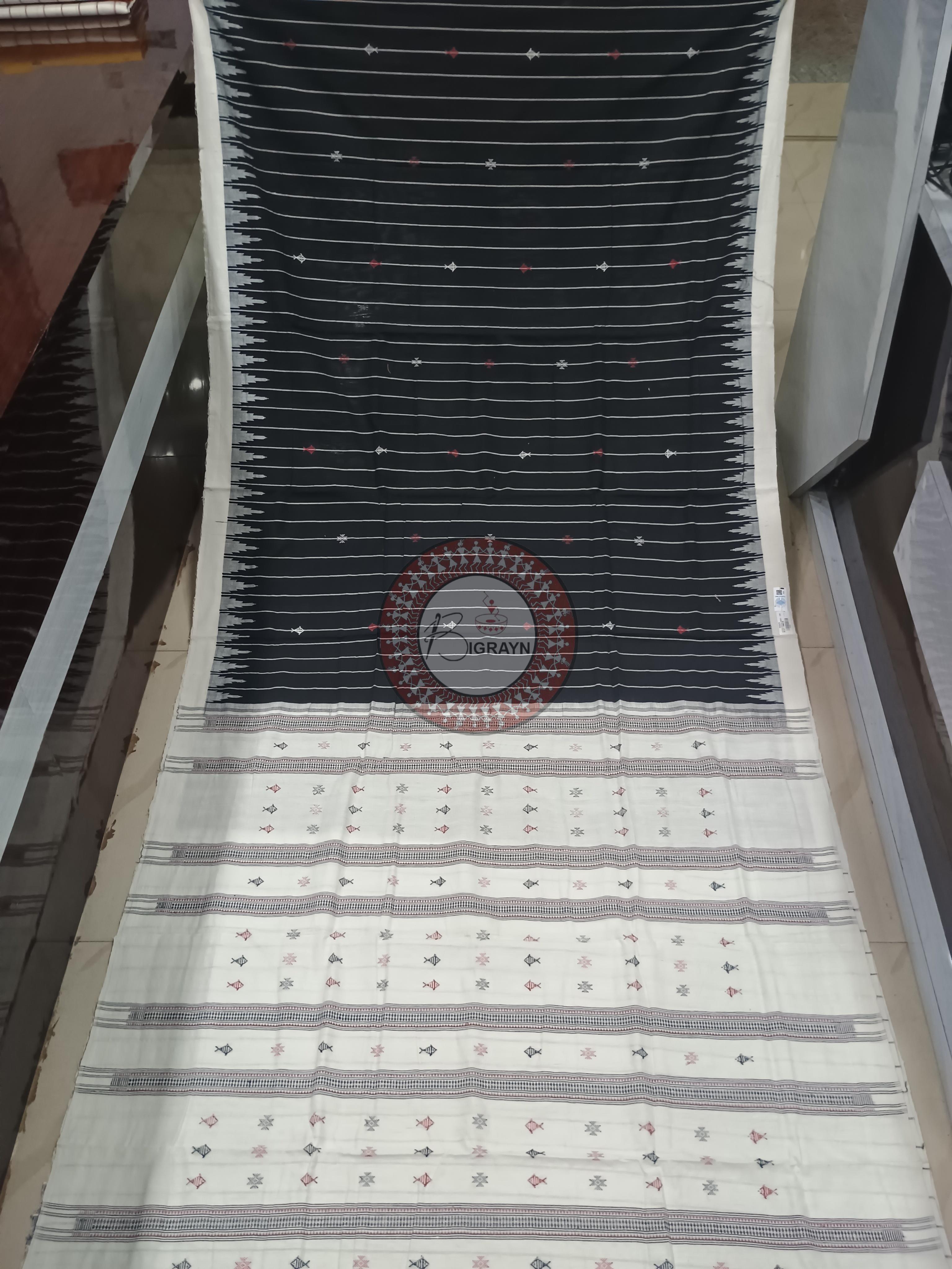 Black White Stripe With Fish Odisha Handloom Kotpad Cotton Saree