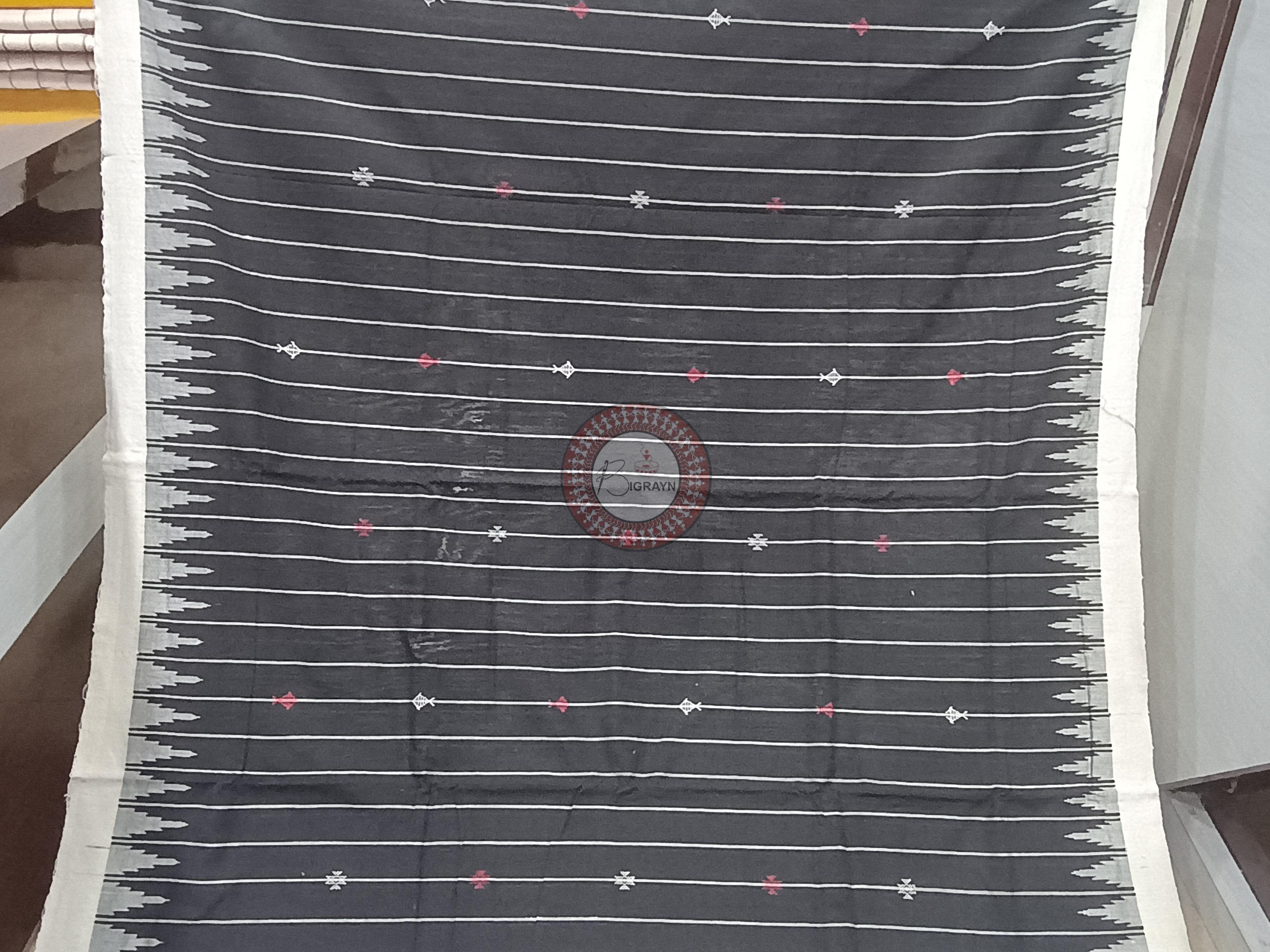 Black White Stripe With Fish Odisha Handloom Kotpad Cotton Saree