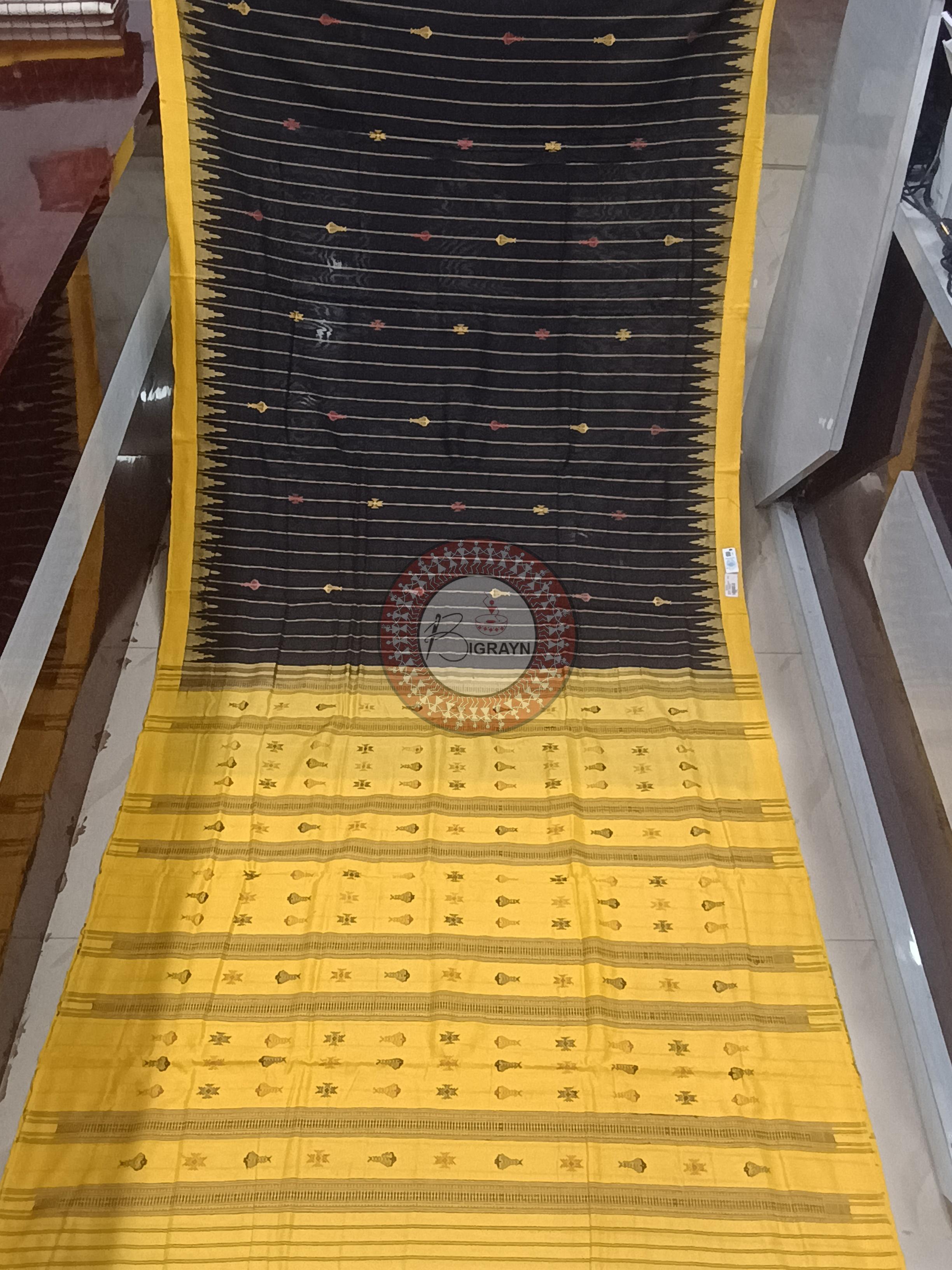 Black Yellow Stripe Odisha Handloom Kotpad Cotton Saree