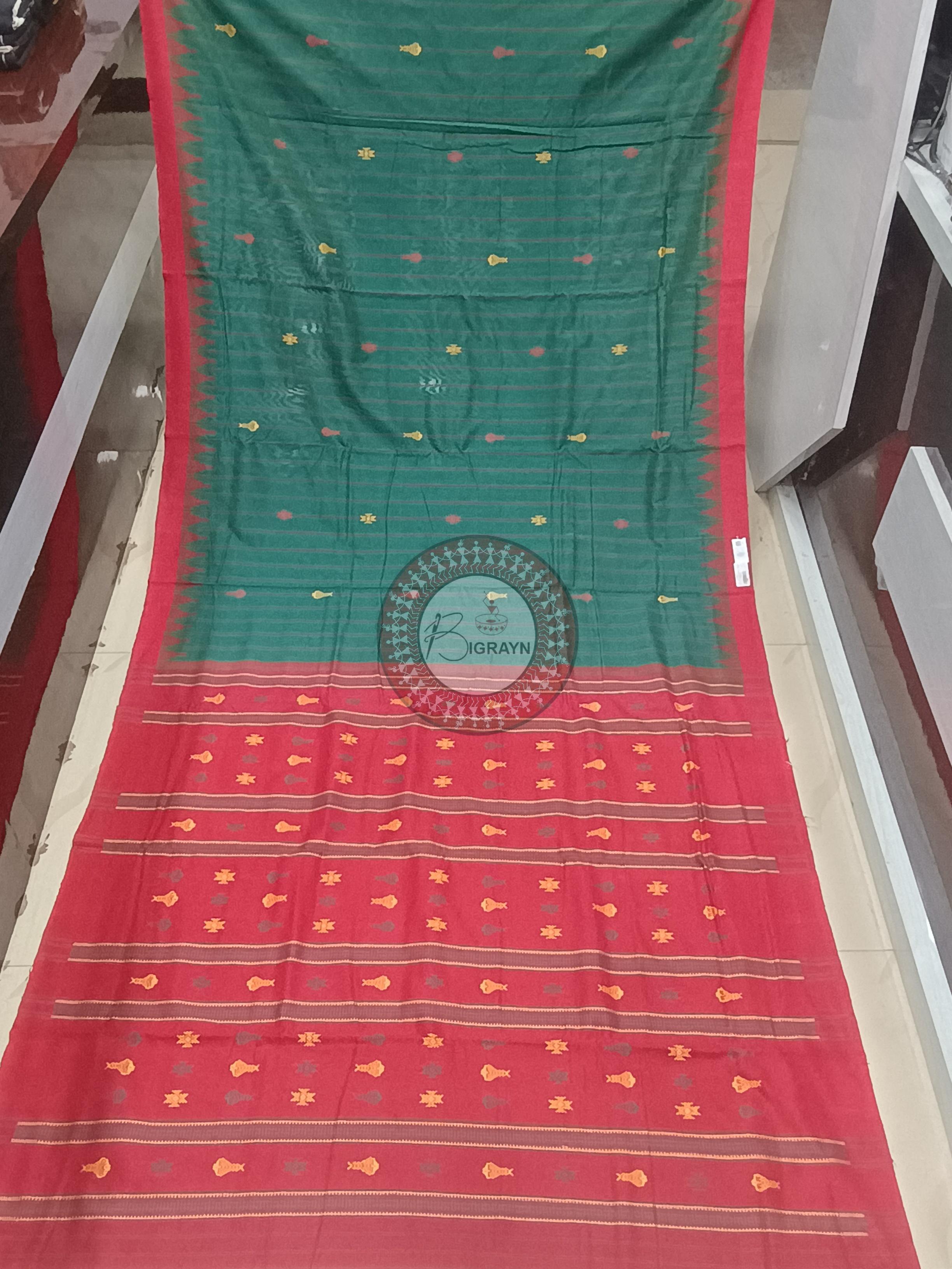 Green Red Fish Odisha Handloom Kotpad Cotton Saree