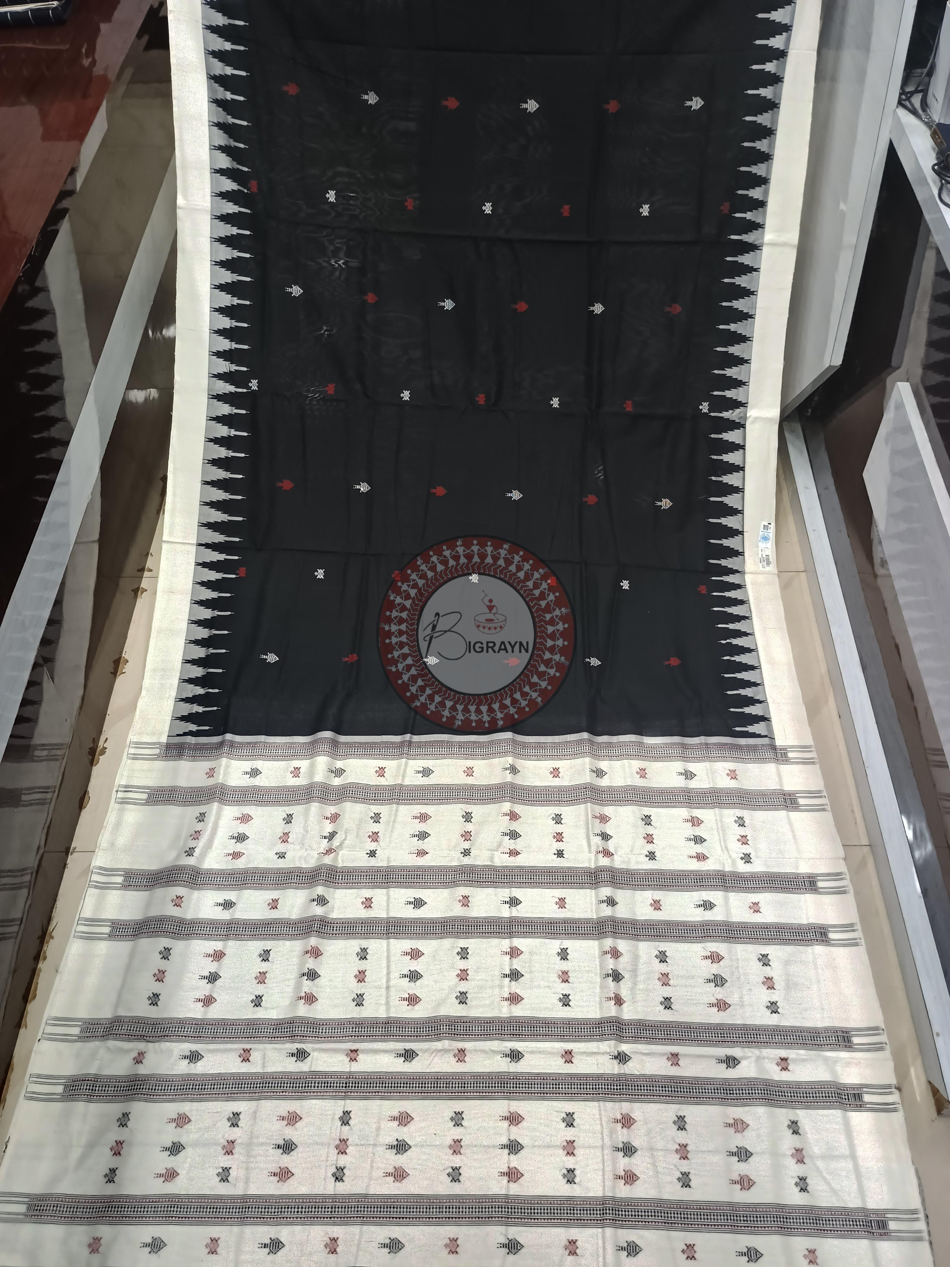 Black White Fish Odisha Handloom Kotpad Cotton Saree