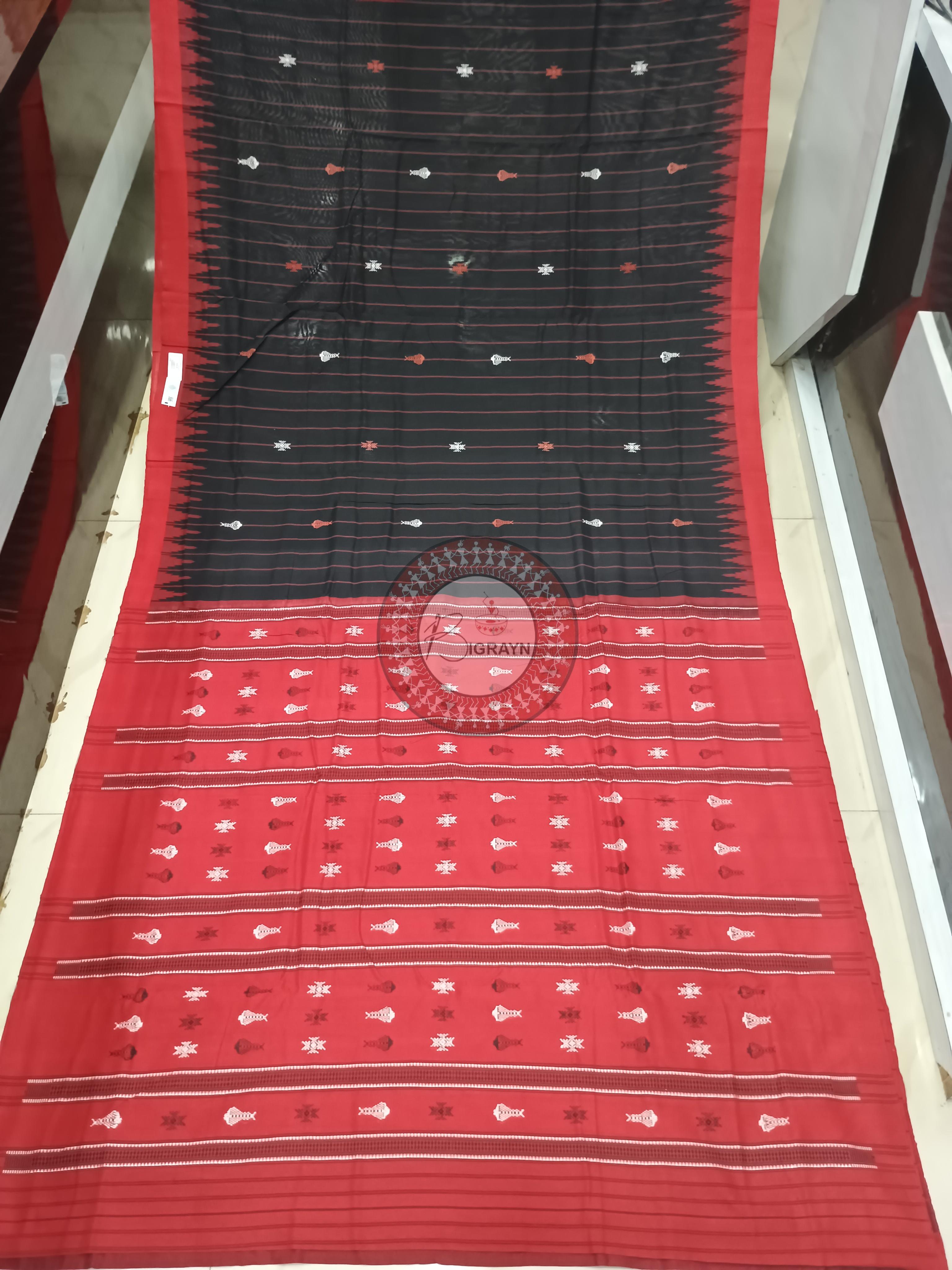 Black Red Stripe With Fish Odisha Handloom Kotpad Cotton Saree