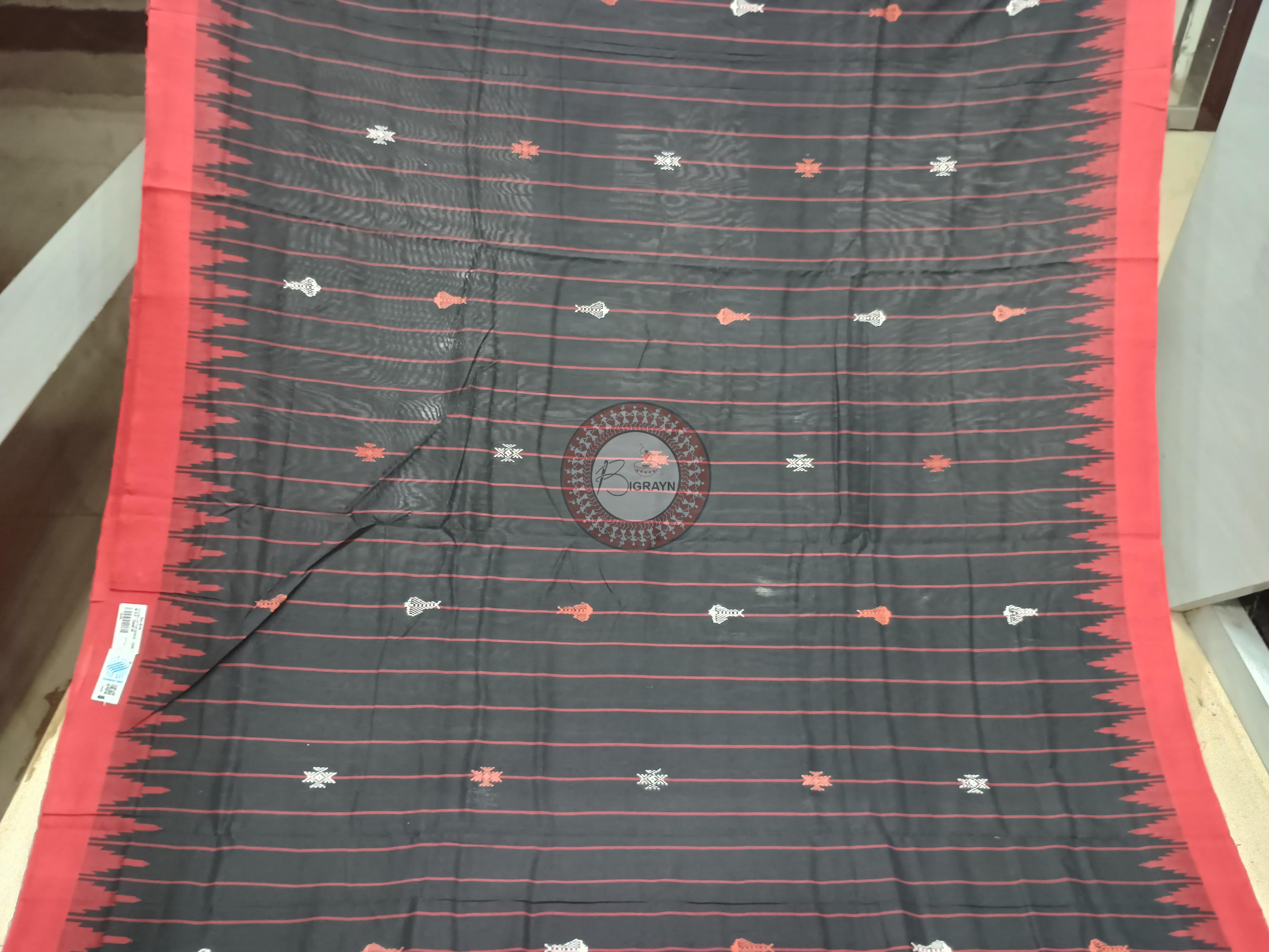 Black Red Stripe With Fish Odisha Handloom Kotpad Cotton Saree