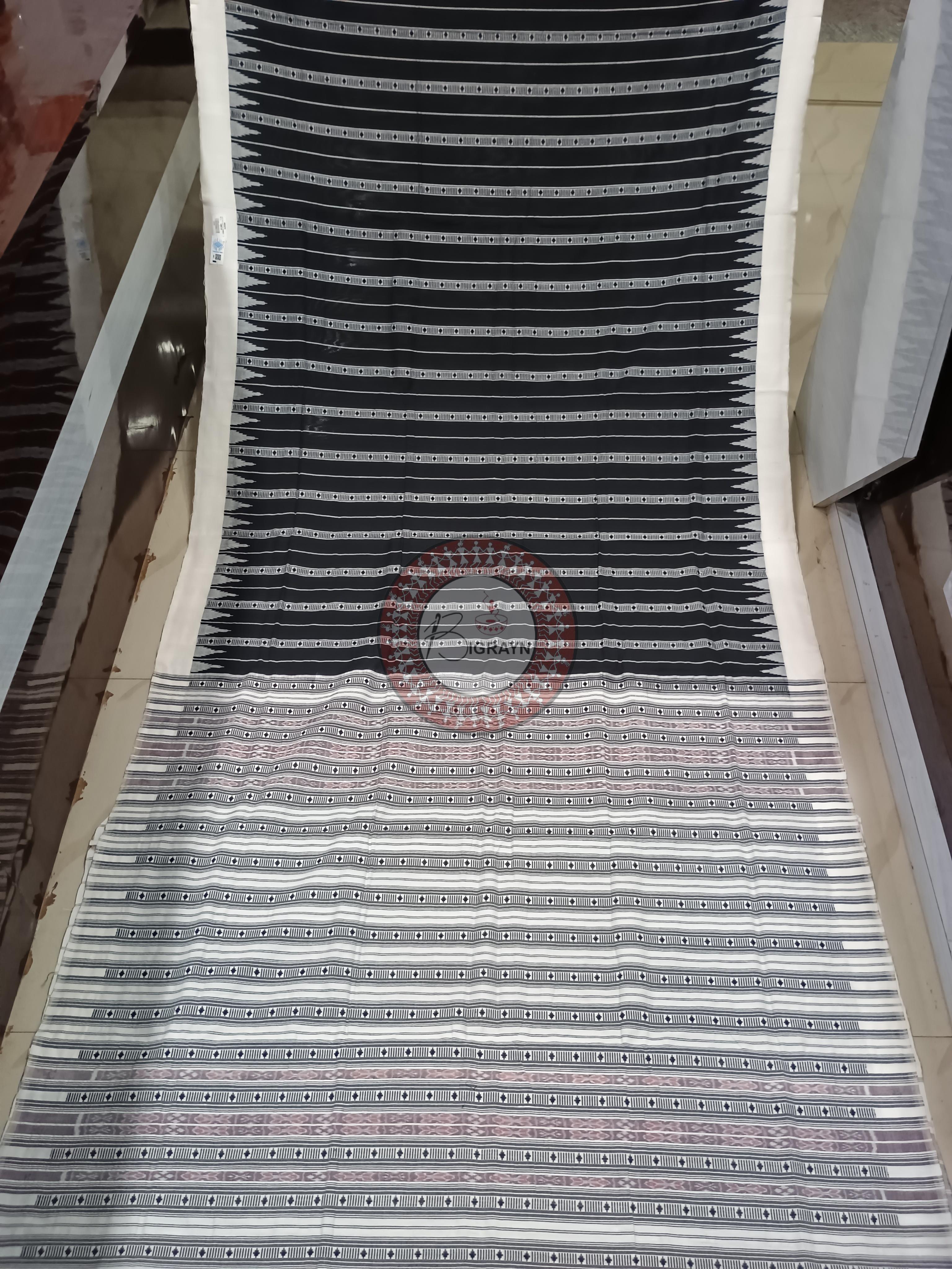 Black White Stripe With Fish Odisha Handloom Kotpad Cotton Saree