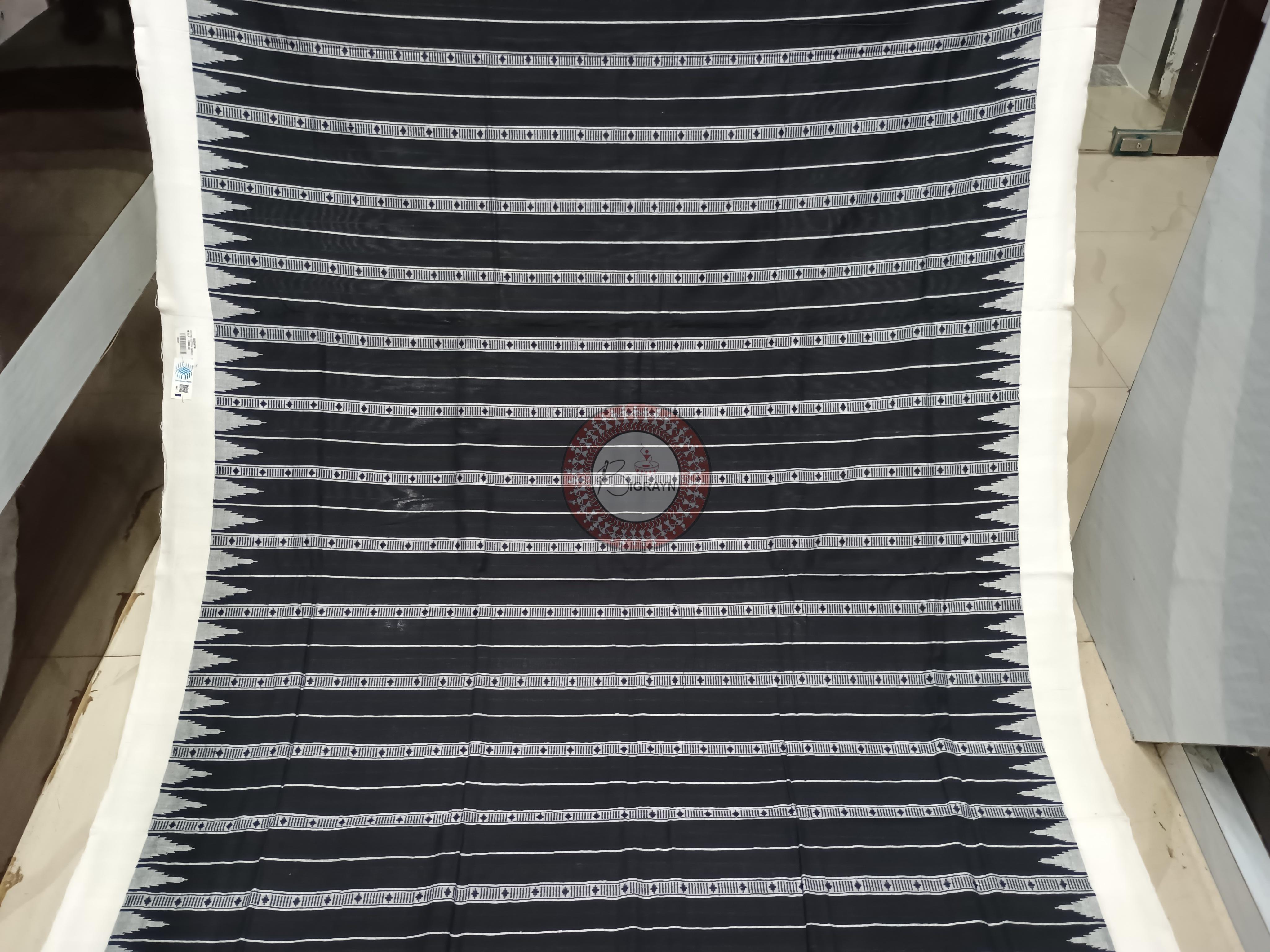 Black White Stripe With Fish Odisha Handloom Kotpad Cotton Saree