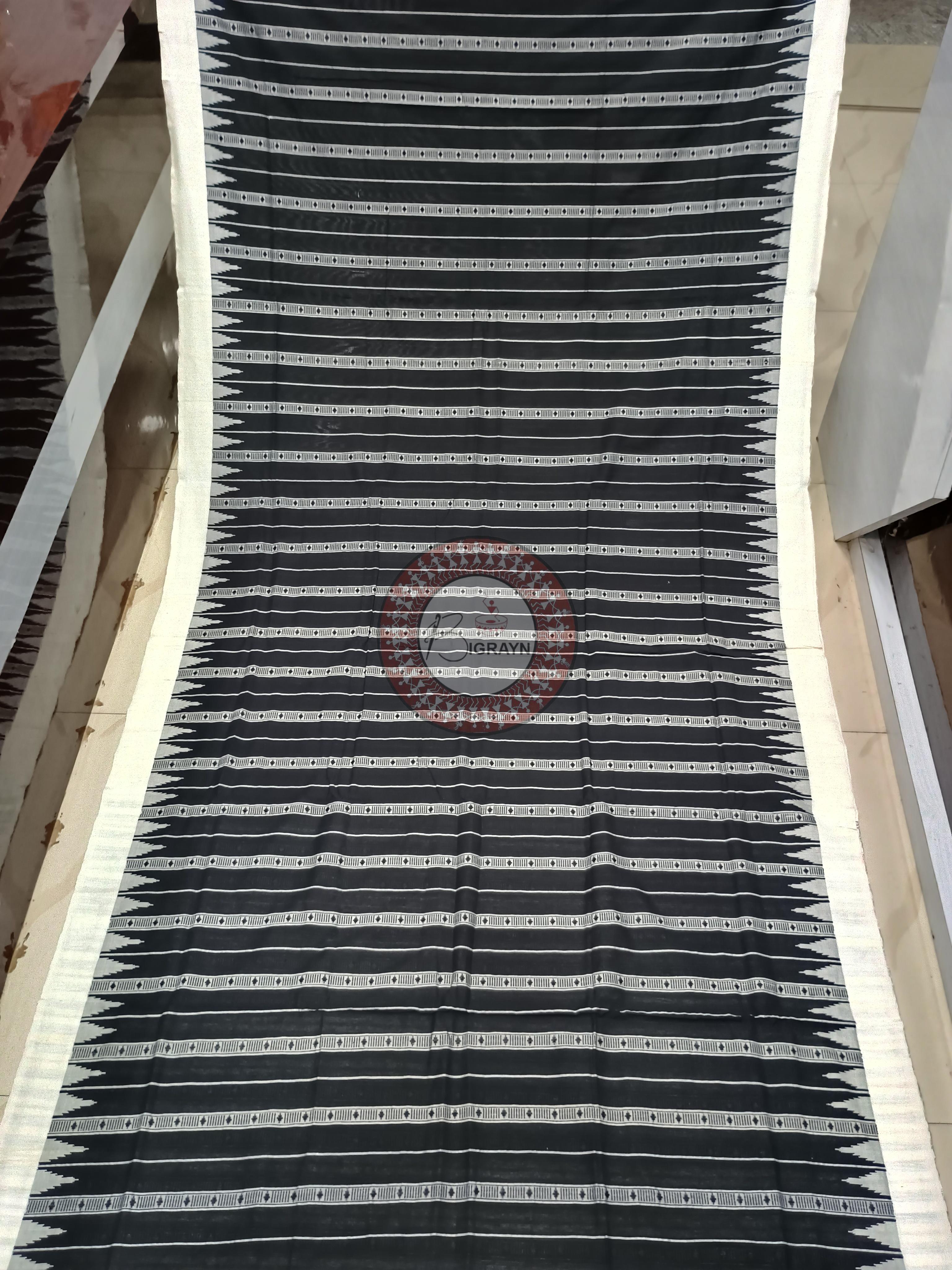 Black White Stripe With Fish Odisha Handloom Kotpad Cotton Saree
