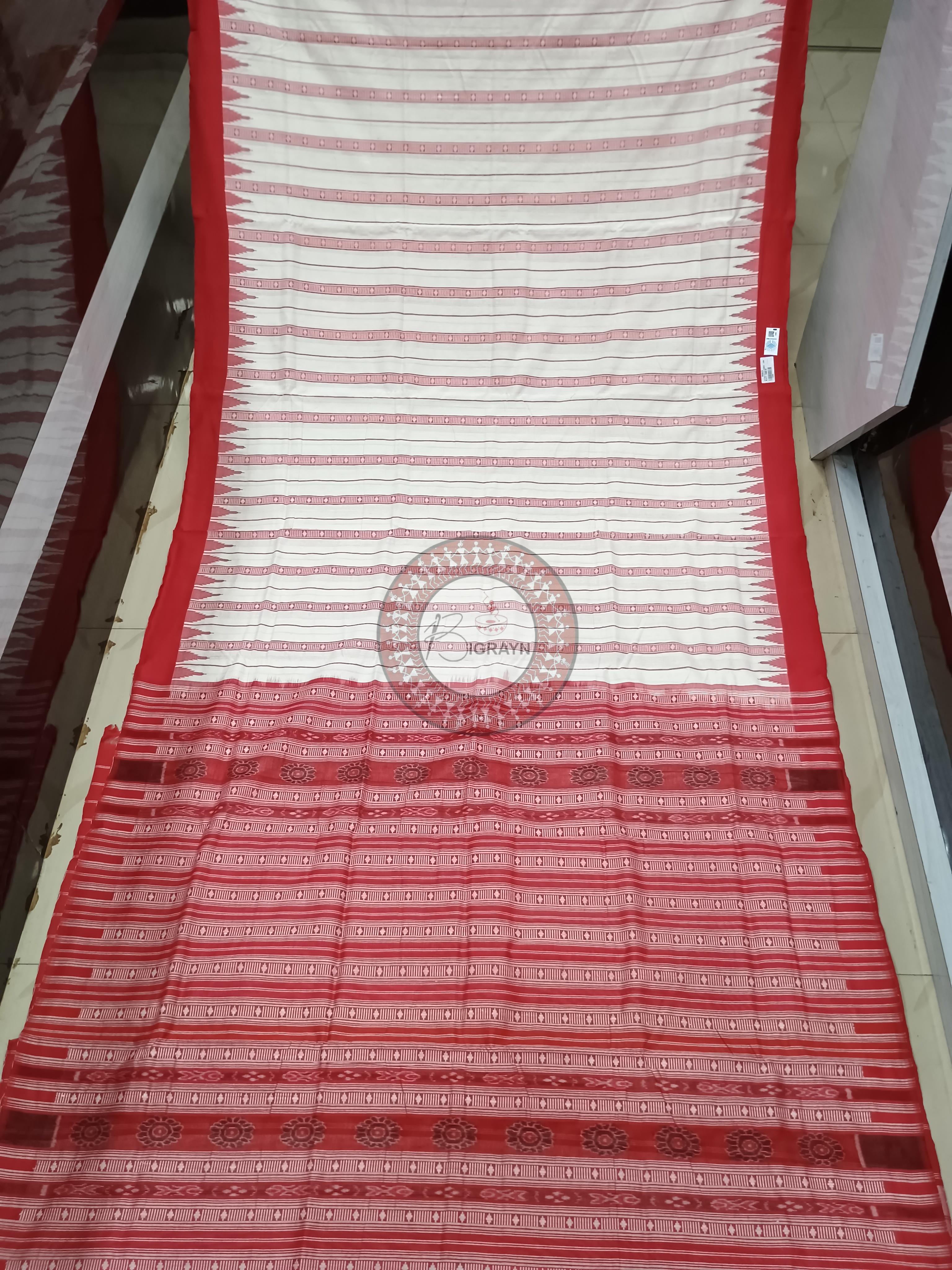 White Red Stripe With Fish Odisha Handloom Kotpad Cotton Saree