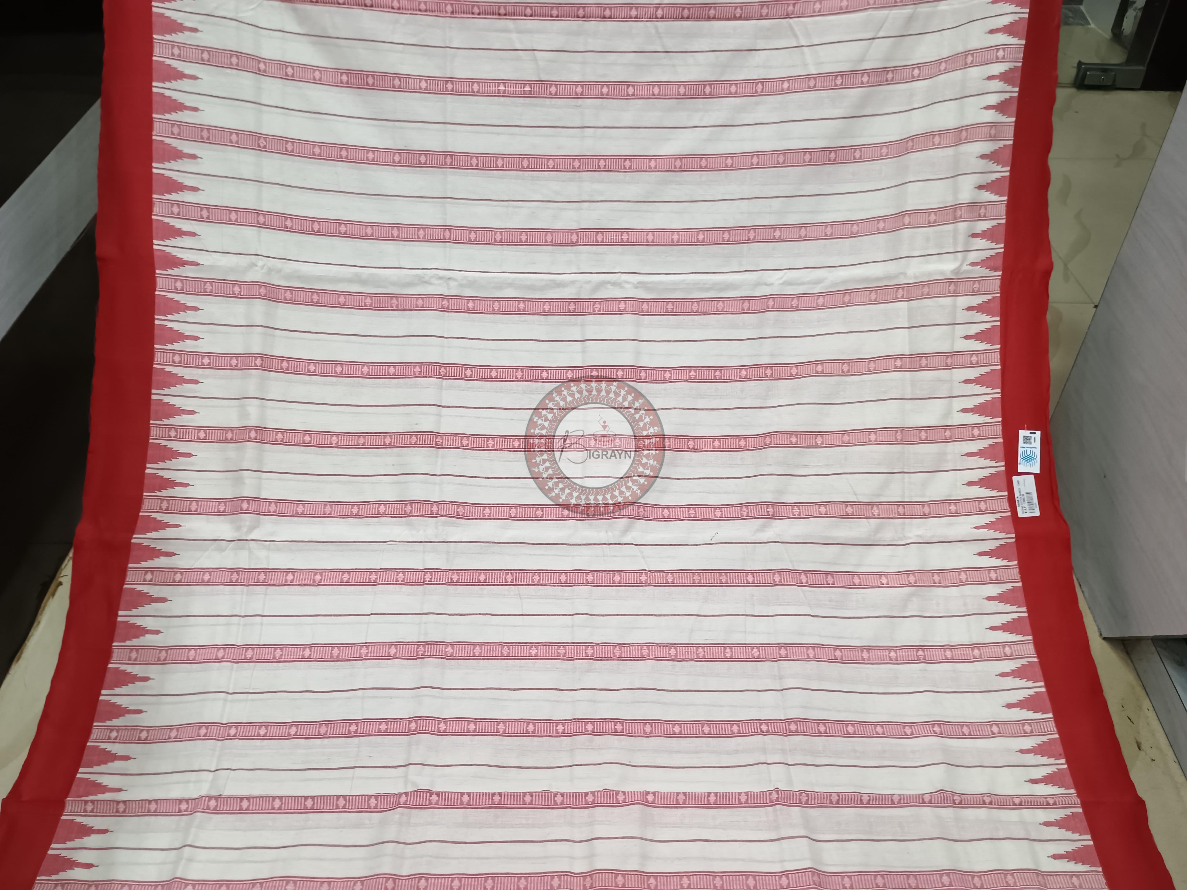 White Red Stripe With Fish Odisha Handloom Kotpad Cotton Saree